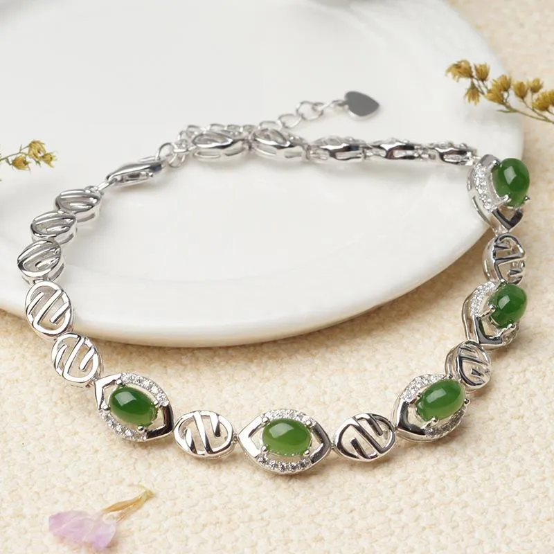 Natural Jade Bracelet Nephrite Silver Bracelet NB159