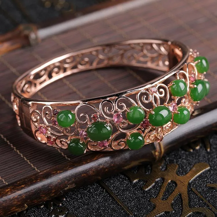 Natural Jade Bracelet Nephrite Tourmaline Silver Bracelet NB150