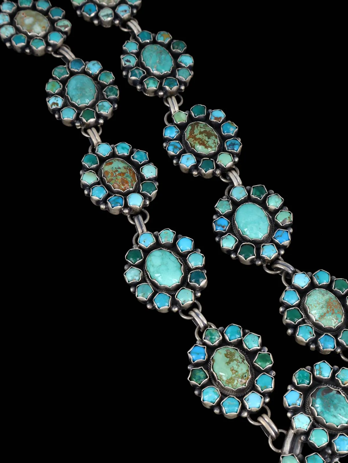 Navajo Carico Lake Turquoise Sterling Silver Squash Blossom Necklace