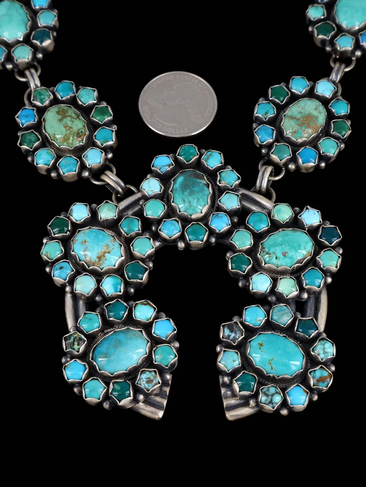 Navajo Carico Lake Turquoise Sterling Silver Squash Blossom Necklace