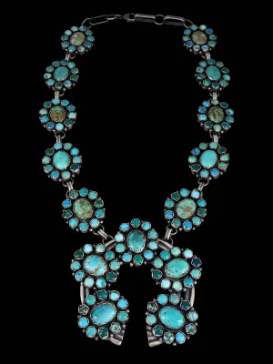 Navajo Carico Lake Turquoise Sterling Silver Squash Blossom Necklace