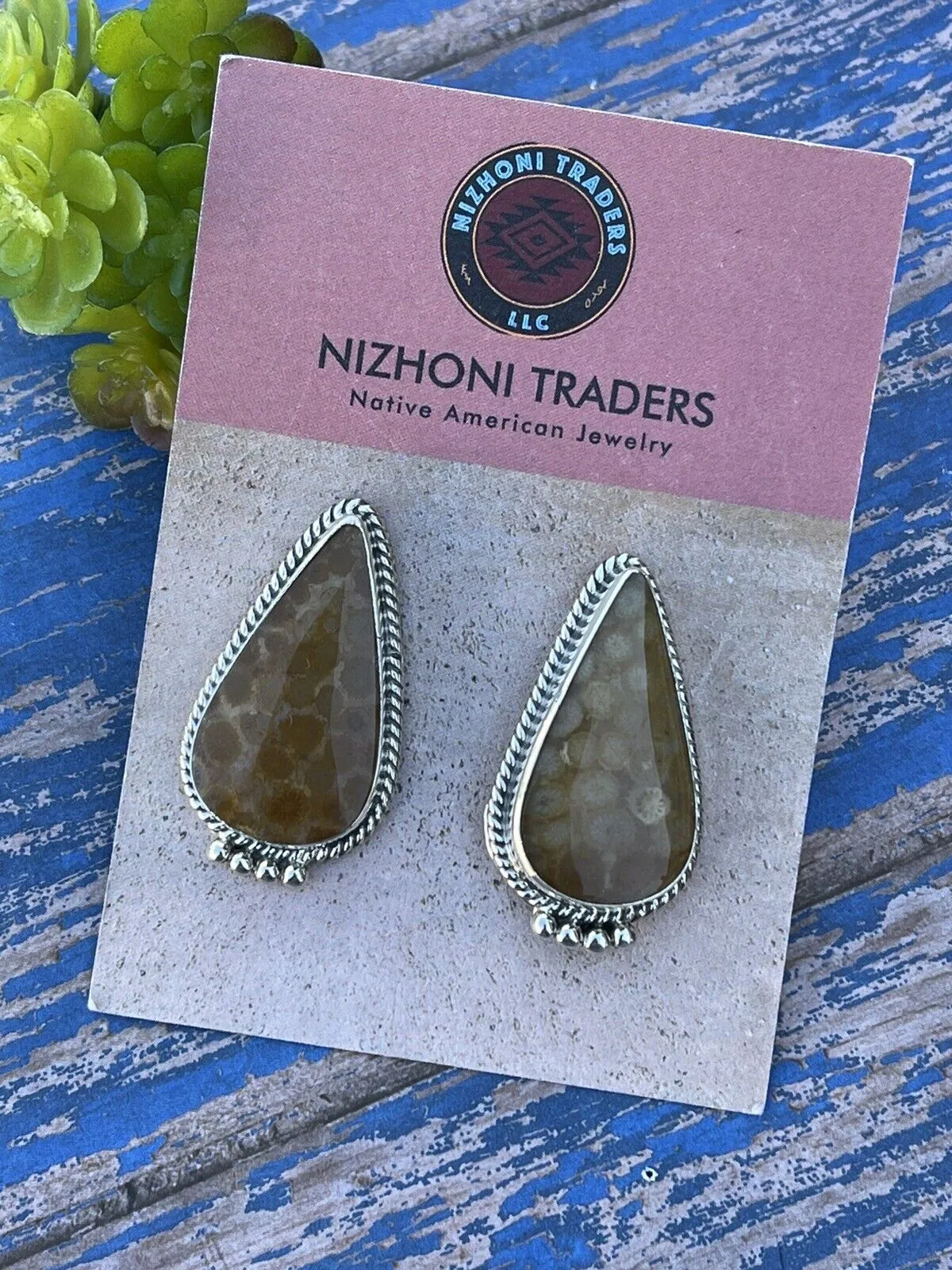 Navajo Fossilized Coral & Sterling Silver Post Earrings Signed