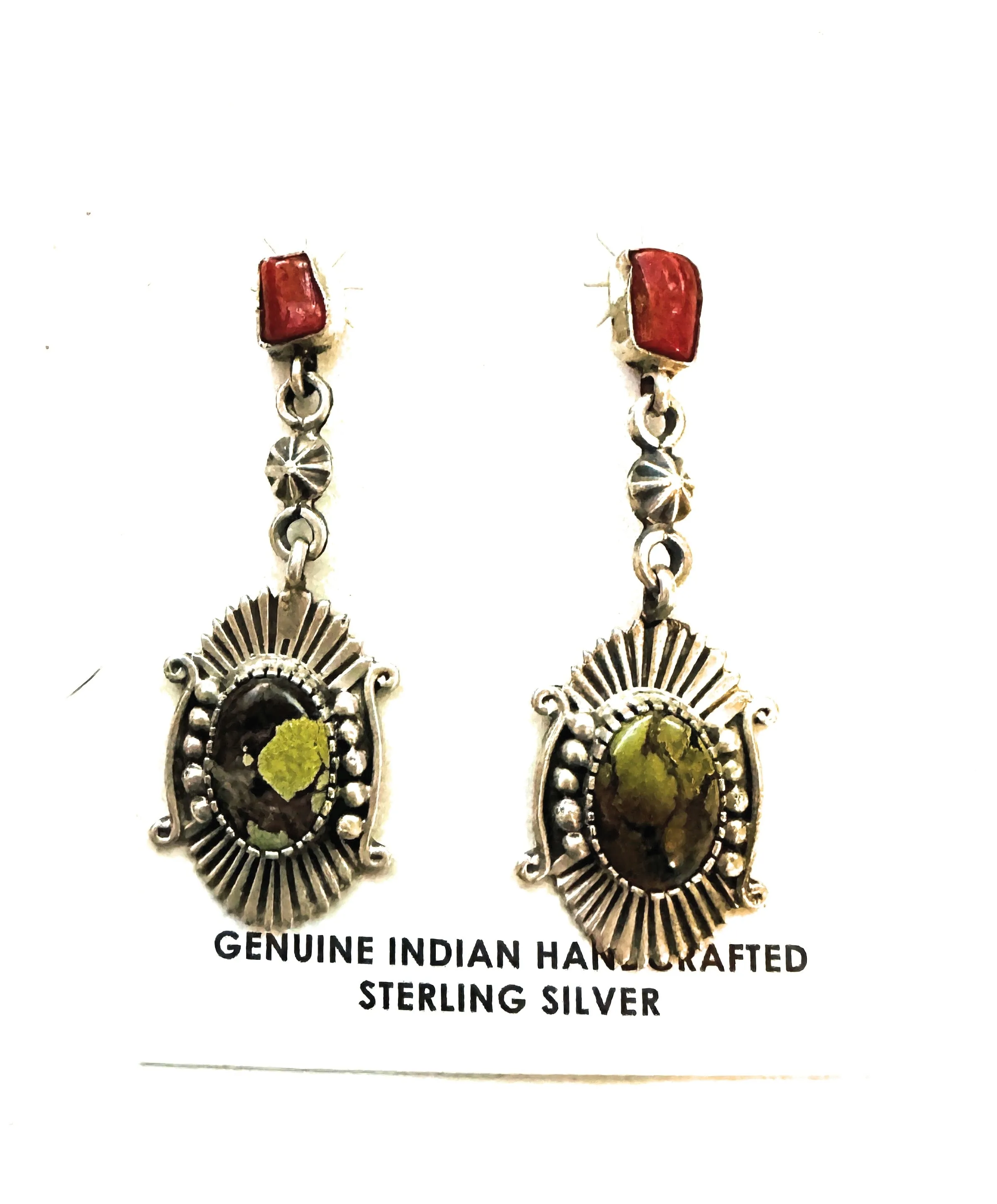 Navajo Tibetan Turquoise, Coral & Sterling Silver Dangle Earrings