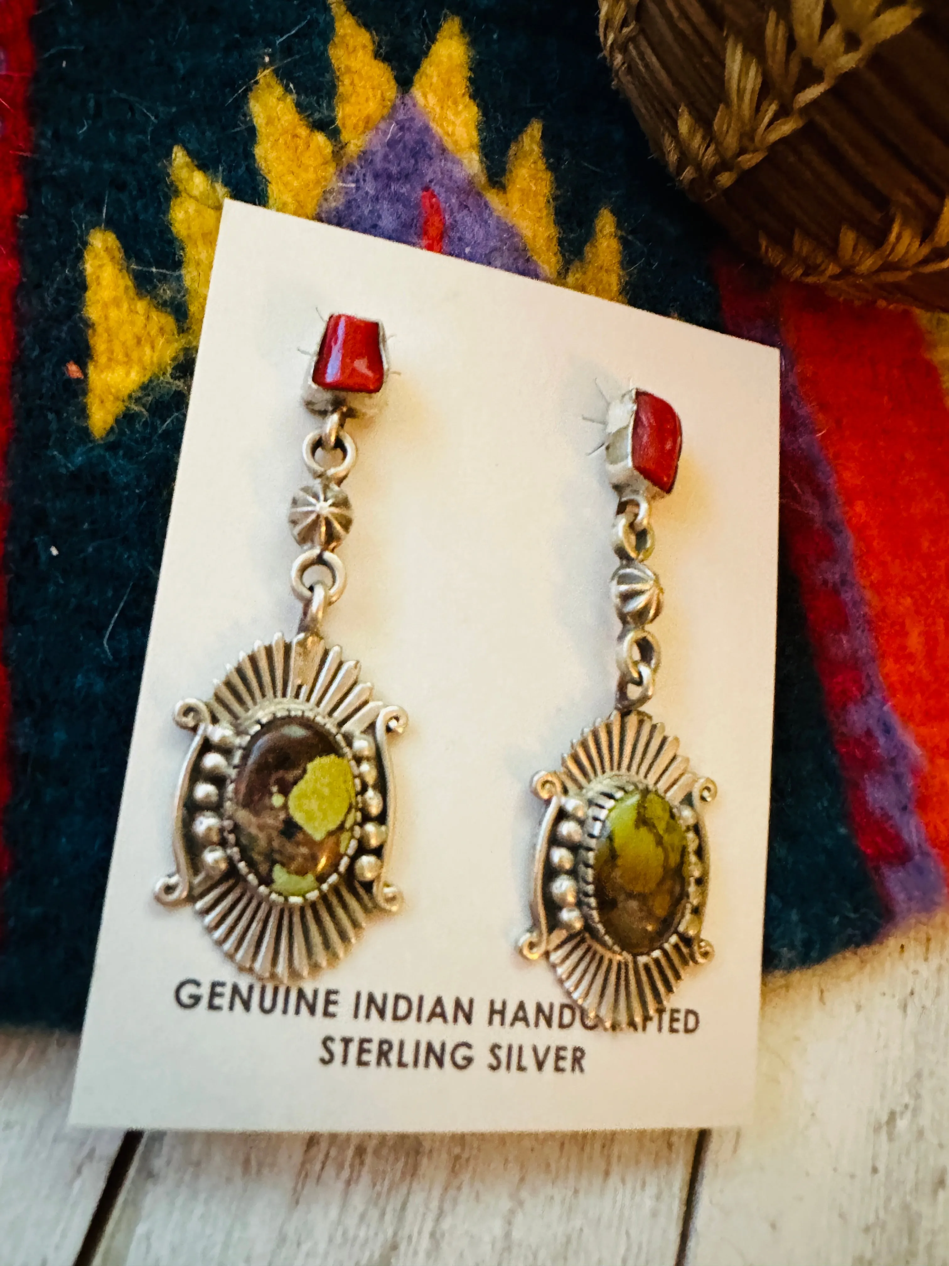 Navajo Tibetan Turquoise, Coral & Sterling Silver Dangle Earrings