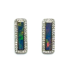 Opal Earrings Rectangle Inlaid with .50ctw Round Diamond Halo Studs