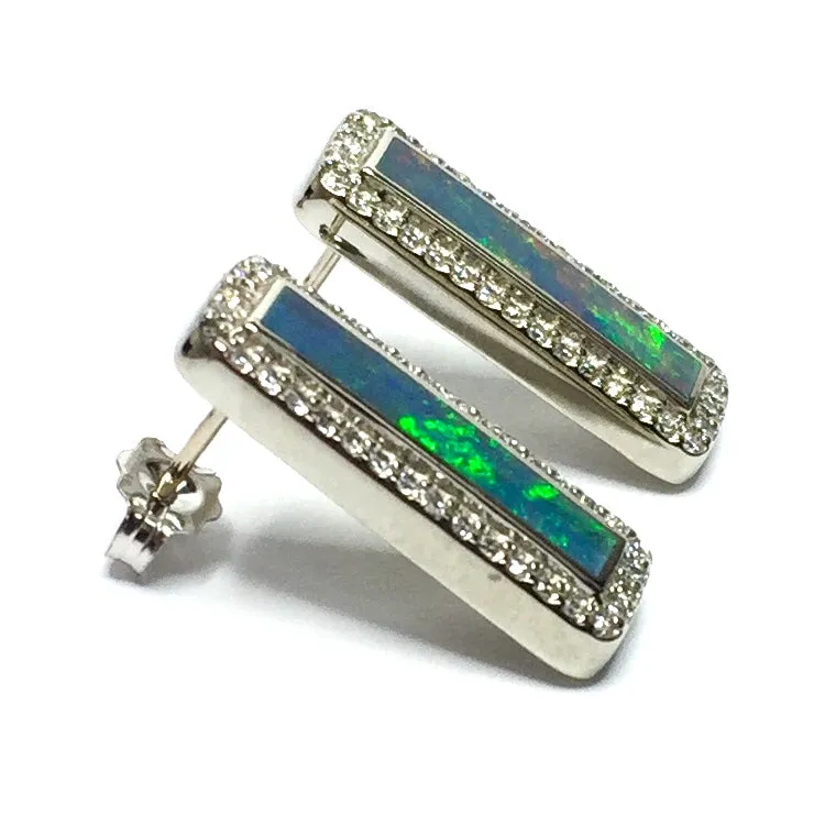 Opal Earrings Rectangle Inlaid with .50ctw Round Diamond Halo Studs