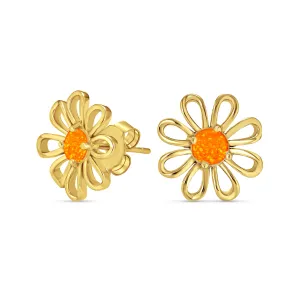 Orange Fire Opal Daisy Flower Stud Earrings 14K Gold Sterling Silver Birthstone
