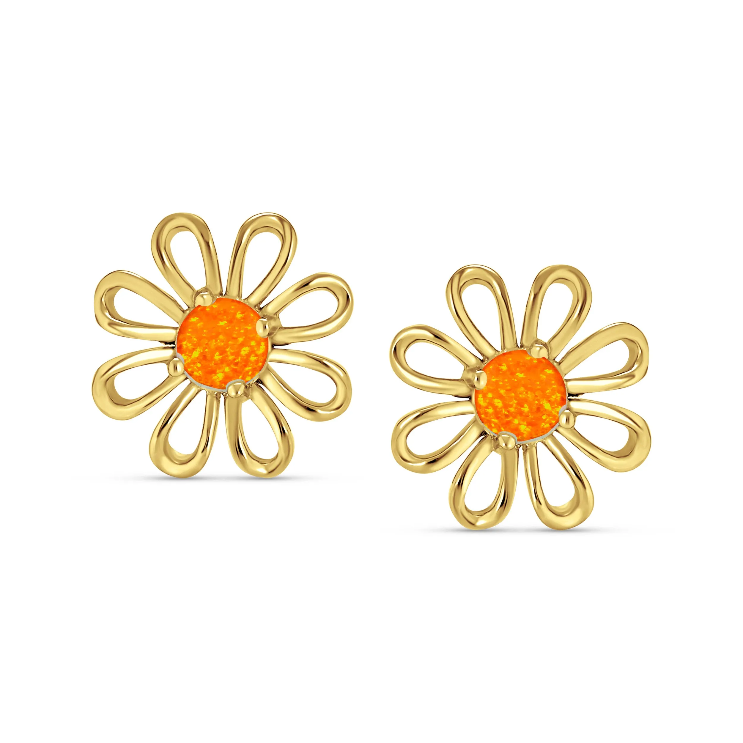 Orange Fire Opal Daisy Flower Stud Earrings 14K Gold Sterling Silver Birthstone