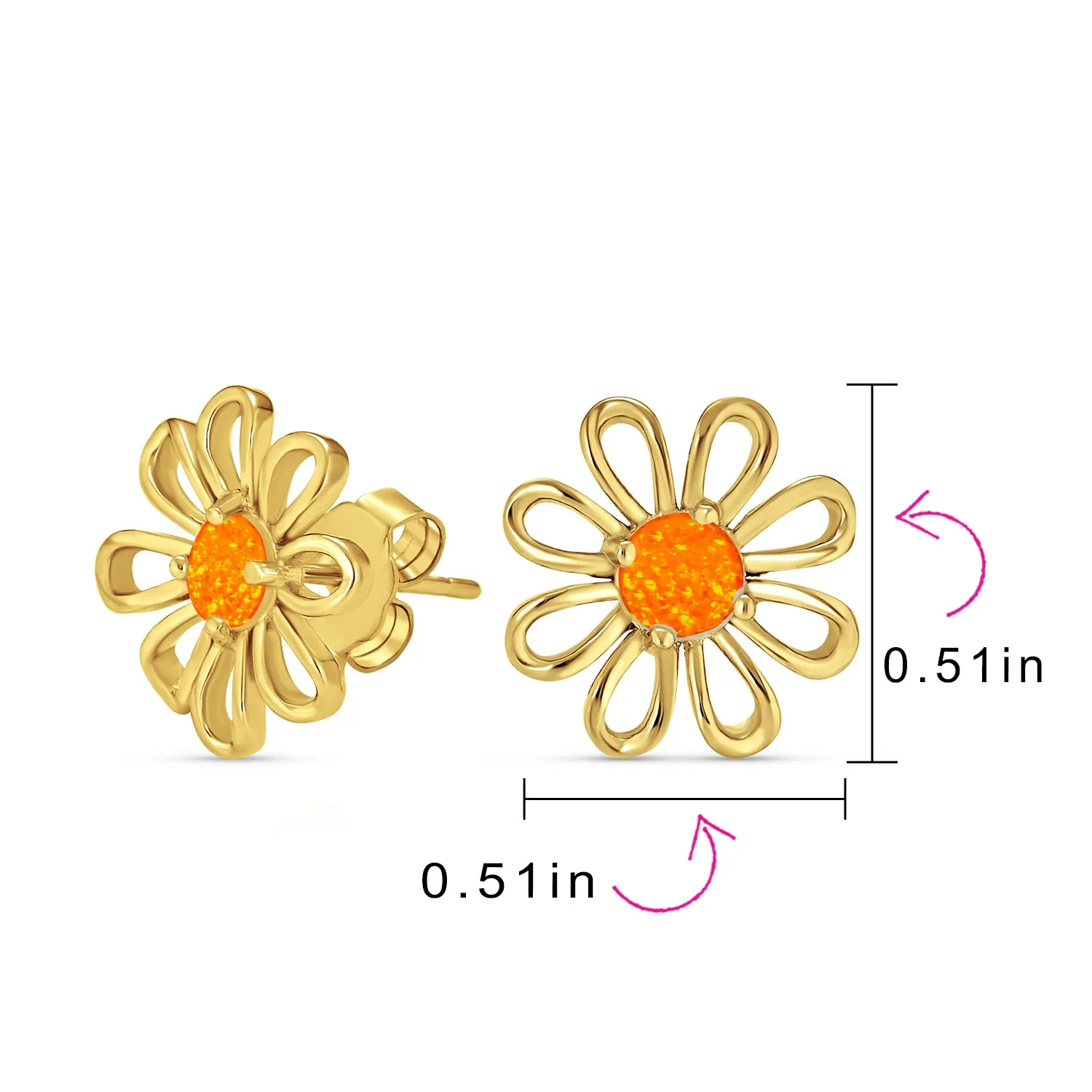 Orange Fire Opal Daisy Flower Stud Earrings 14K Gold Sterling Silver Birthstone