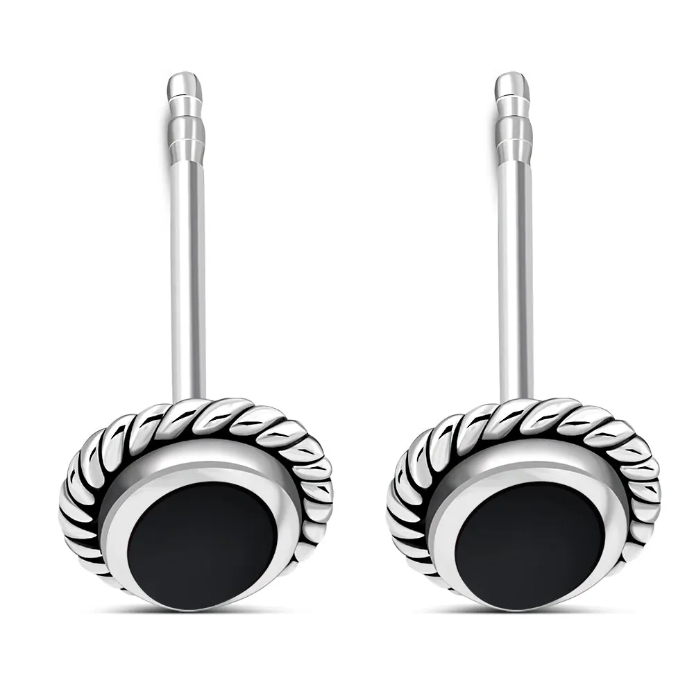 Oval Black Onyx Stud Silver Earrings