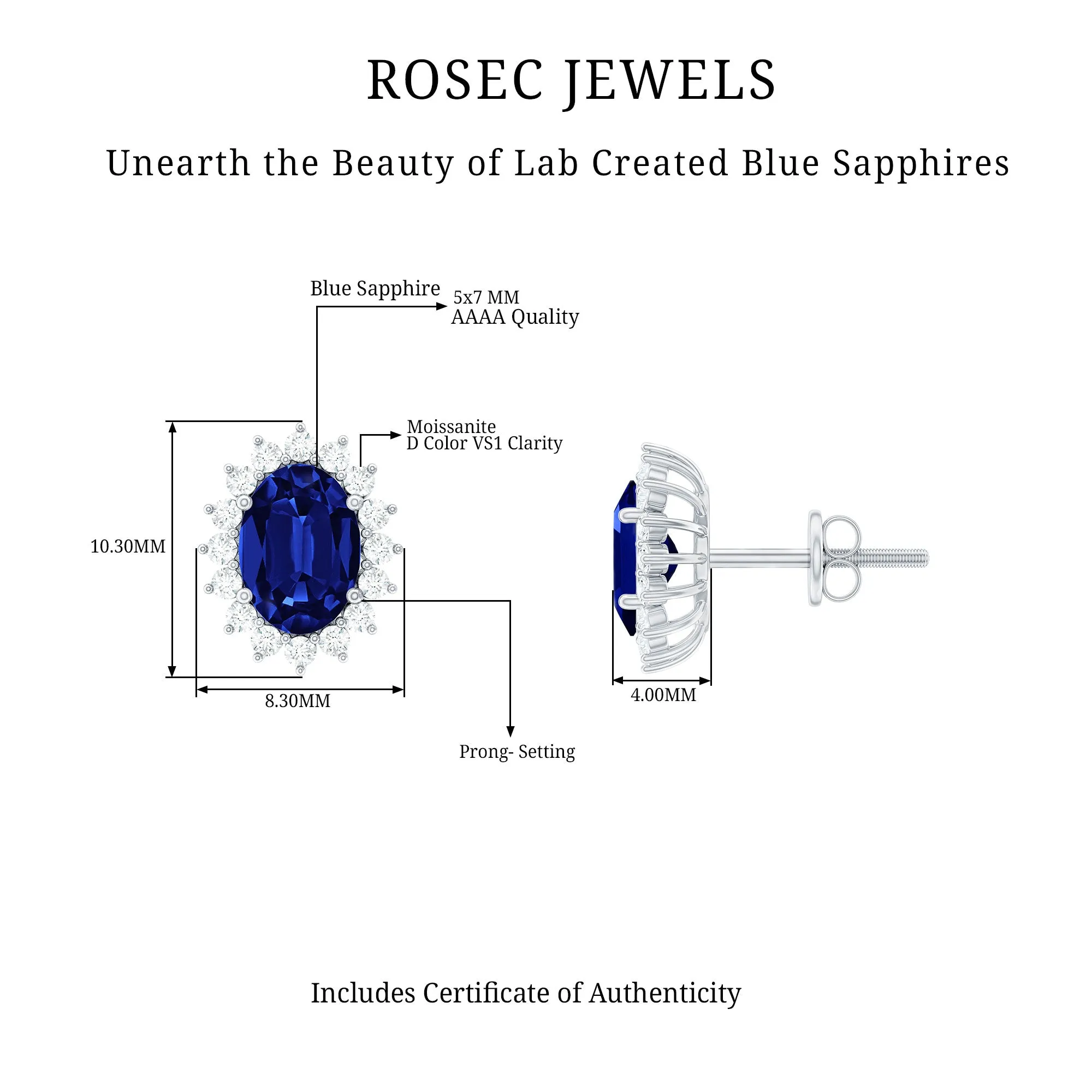 Oval Cut Created Blue Sapphire Stud Earrings with Moissanite Halo