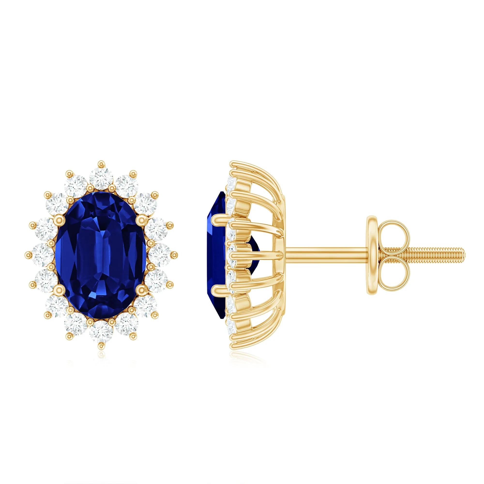 Oval Cut Created Blue Sapphire Stud Earrings with Moissanite Halo