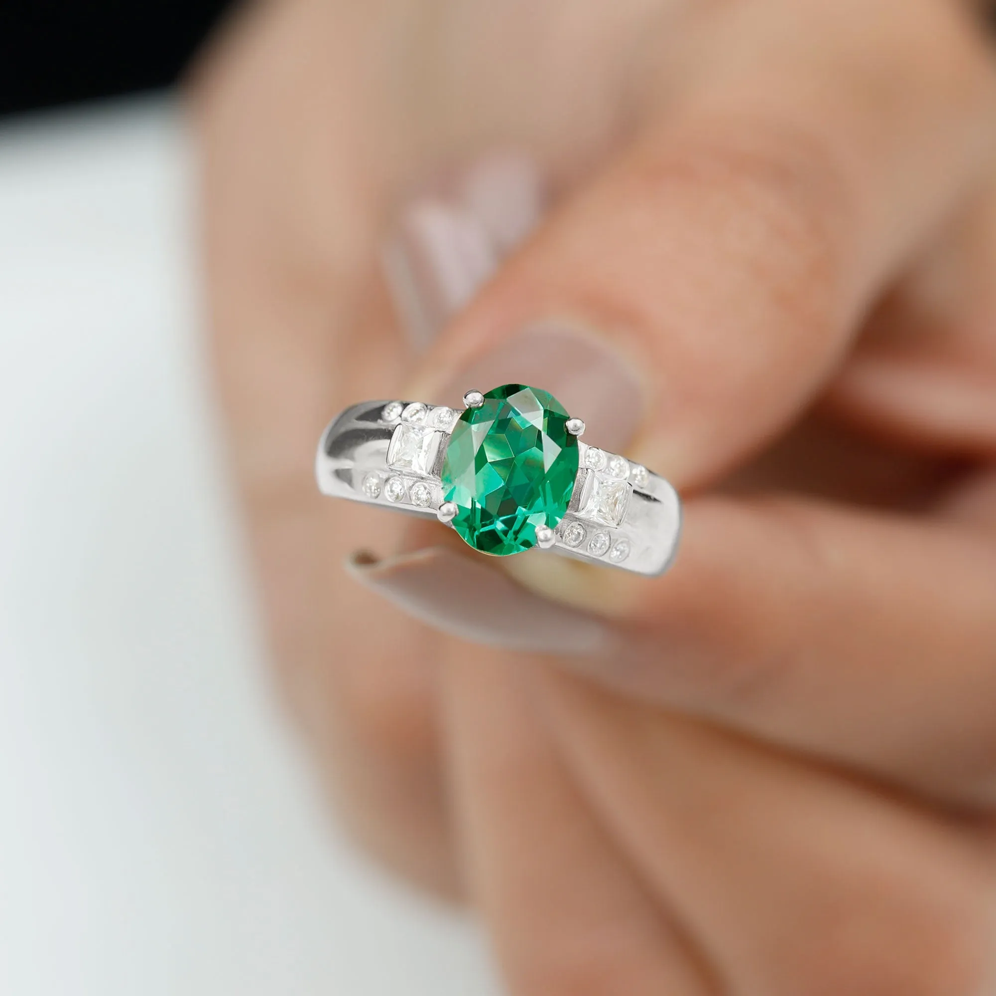 Oval Cut Solitaire Lab Grown Emerald Statement Engagement Ring with Diamond