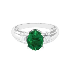 Oval Cut Solitaire Lab Grown Emerald Statement Engagement Ring with Diamond