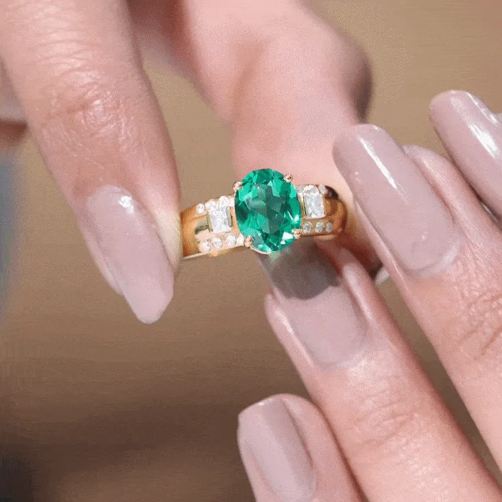 Oval Cut Solitaire Lab Grown Emerald Statement Engagement Ring with Diamond
