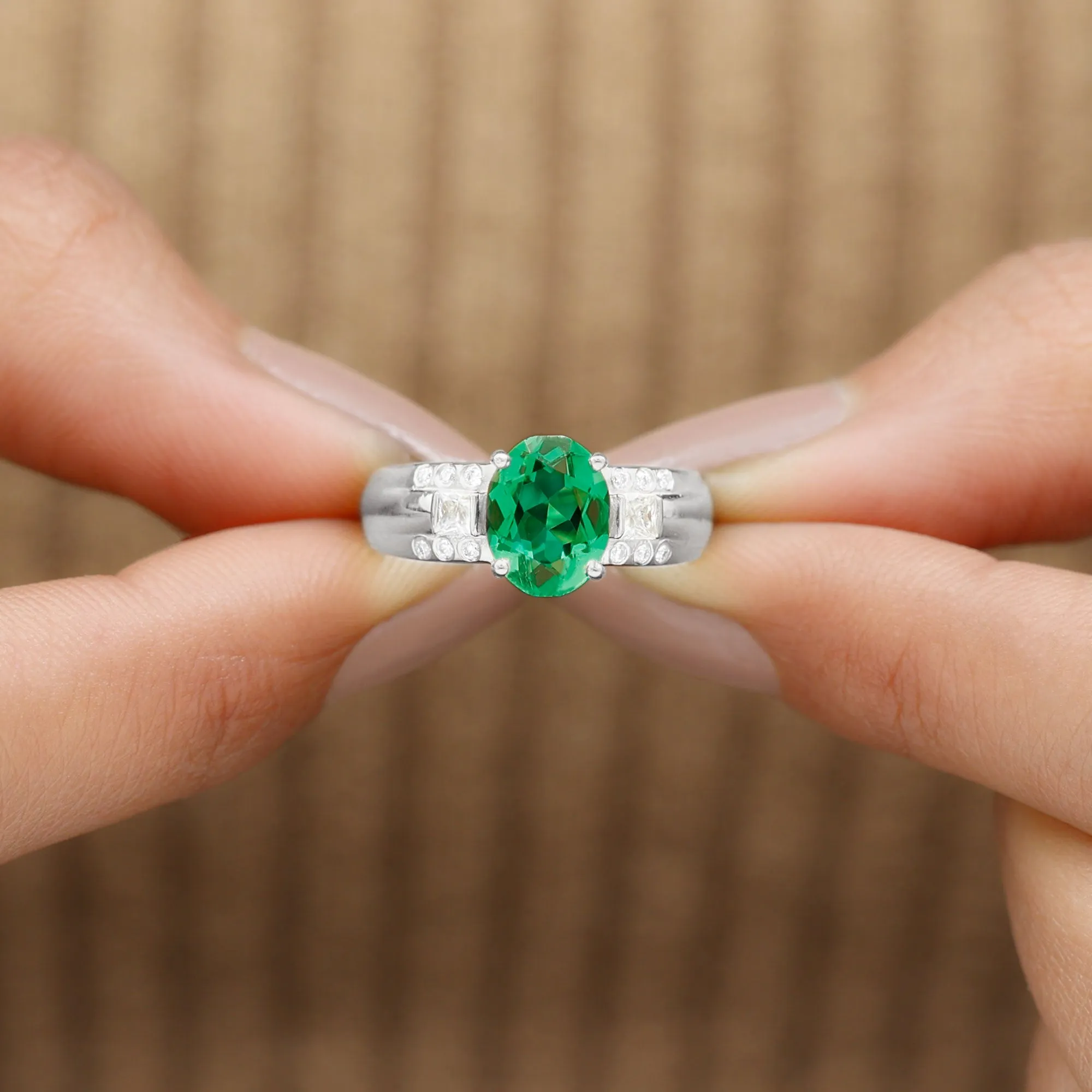 Oval Cut Solitaire Lab Grown Emerald Statement Engagement Ring with Diamond
