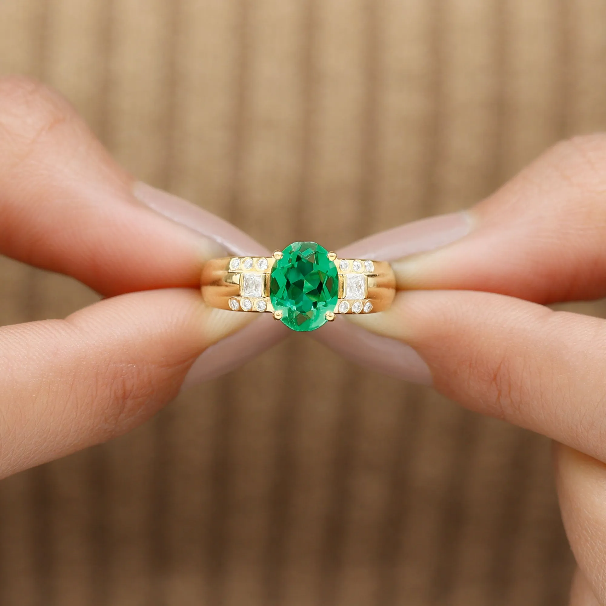 Oval Cut Solitaire Lab Grown Emerald Statement Engagement Ring with Diamond