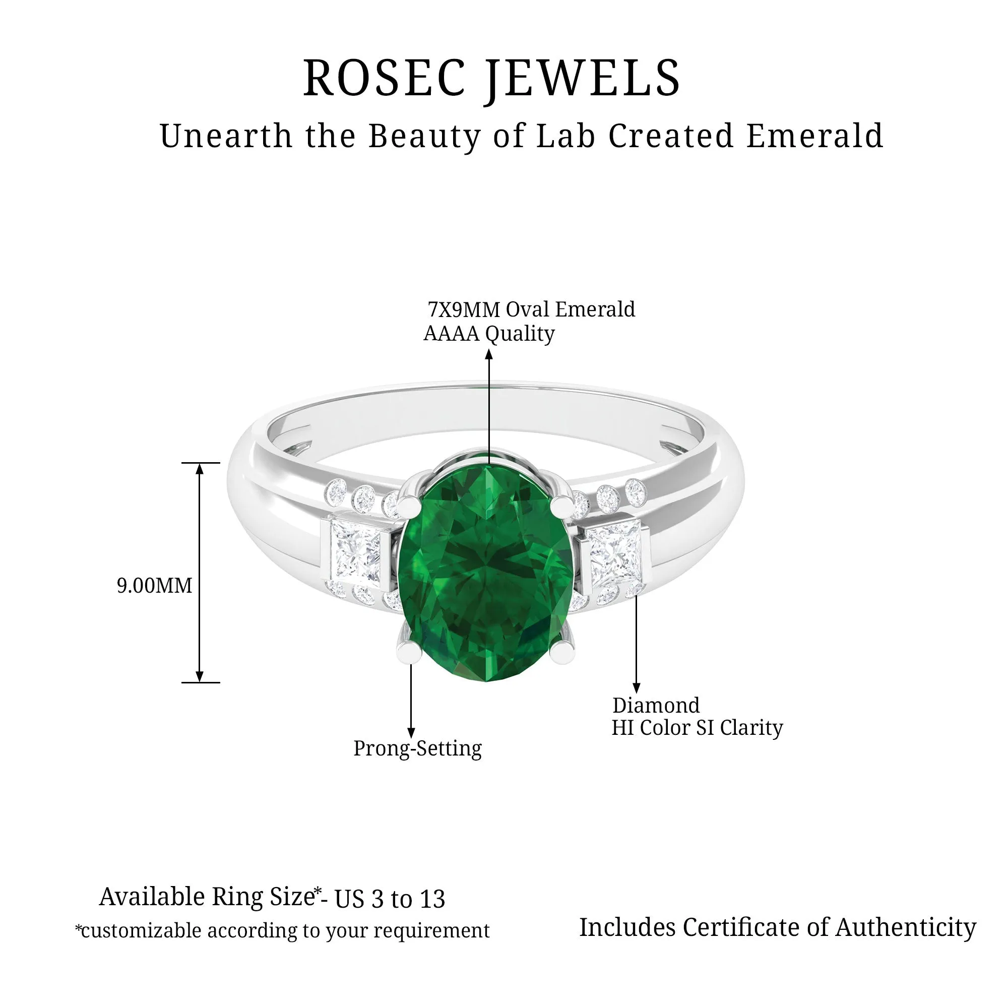 Oval Cut Solitaire Lab Grown Emerald Statement Engagement Ring with Diamond