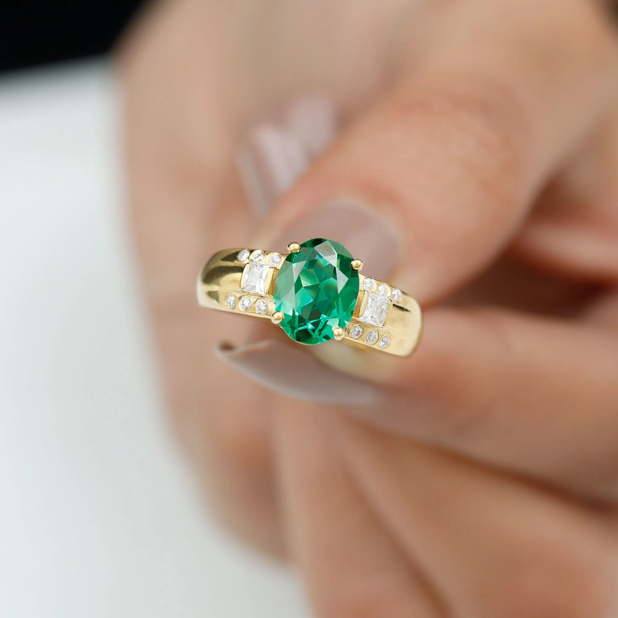 Oval Cut Solitaire Lab Grown Emerald Statement Engagement Ring with Diamond