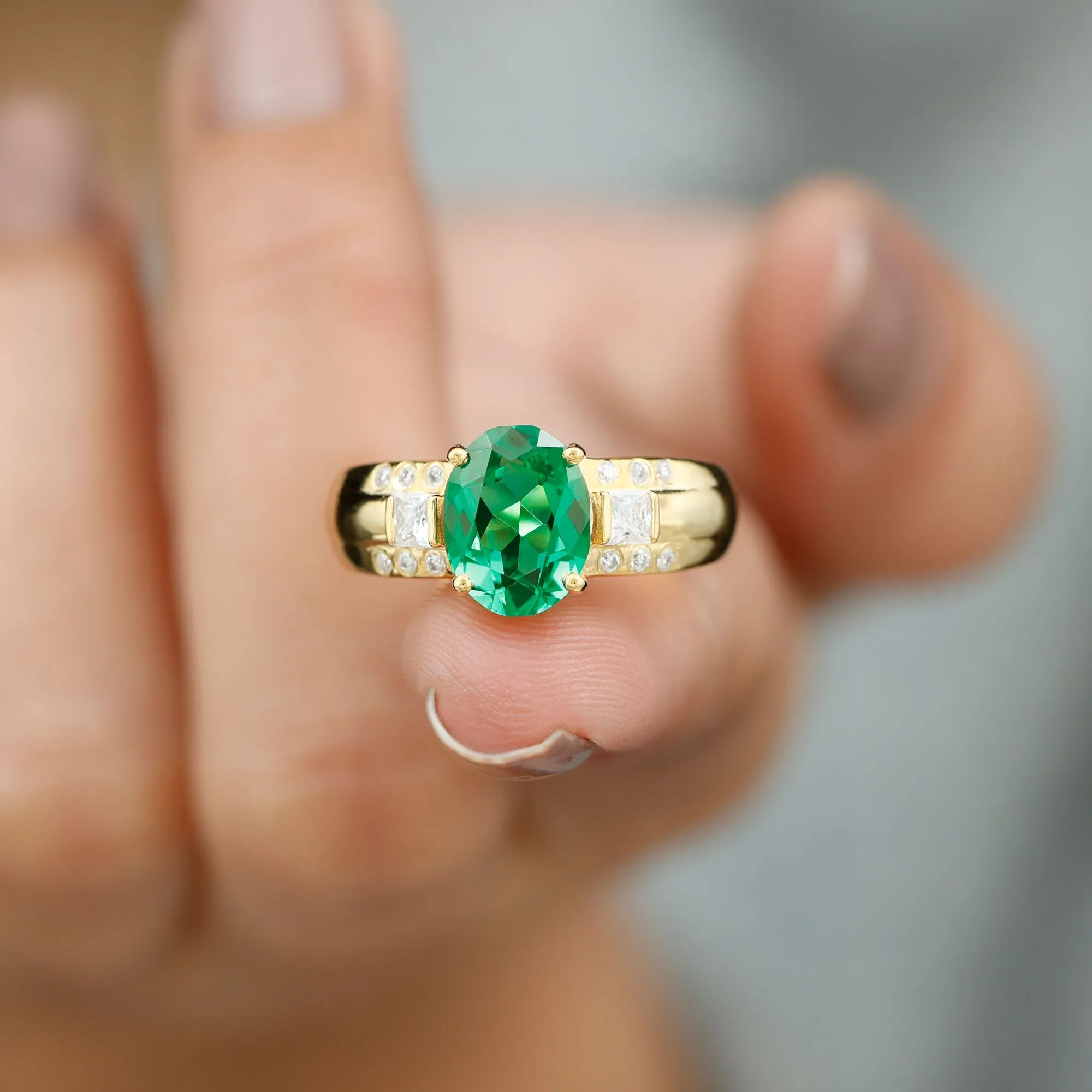 Oval Cut Solitaire Lab Grown Emerald Statement Engagement Ring with Diamond