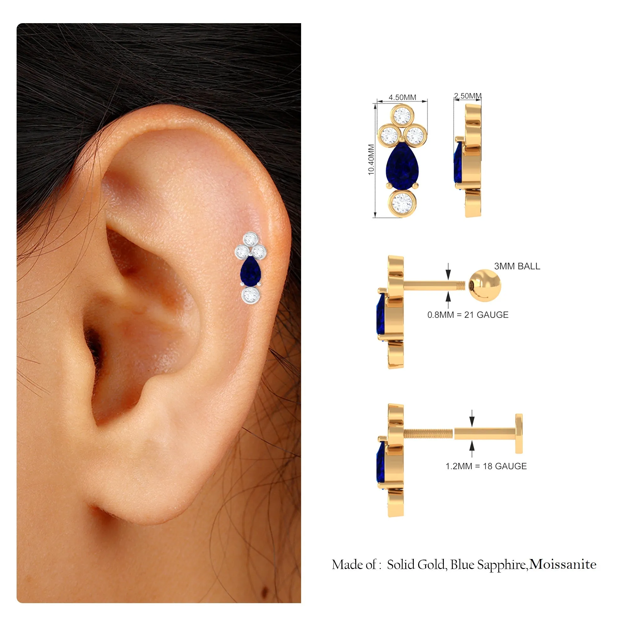 Pear Shape Blue Sapphire Helix Earring with Moissanite