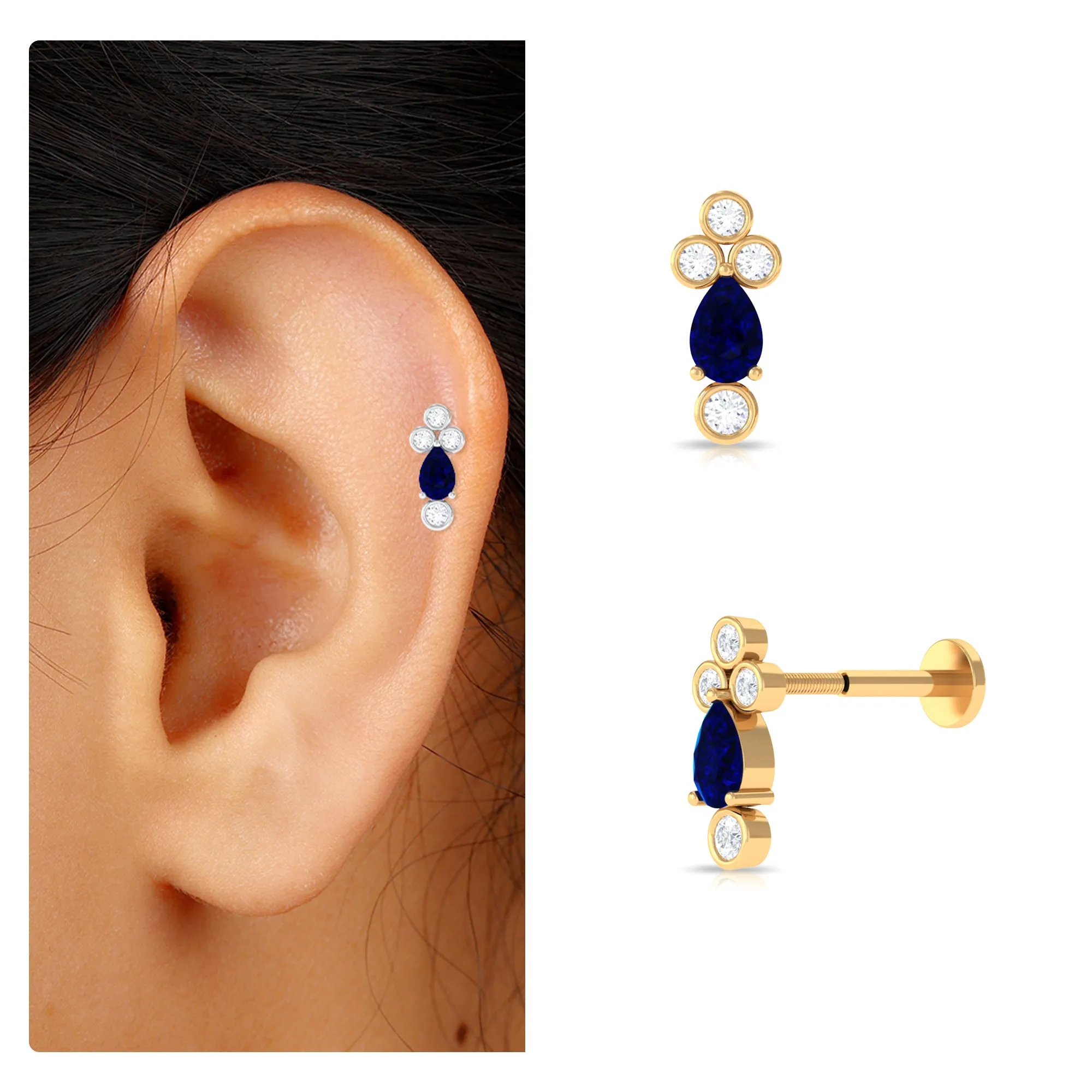 Pear Shape Blue Sapphire Helix Earring with Moissanite