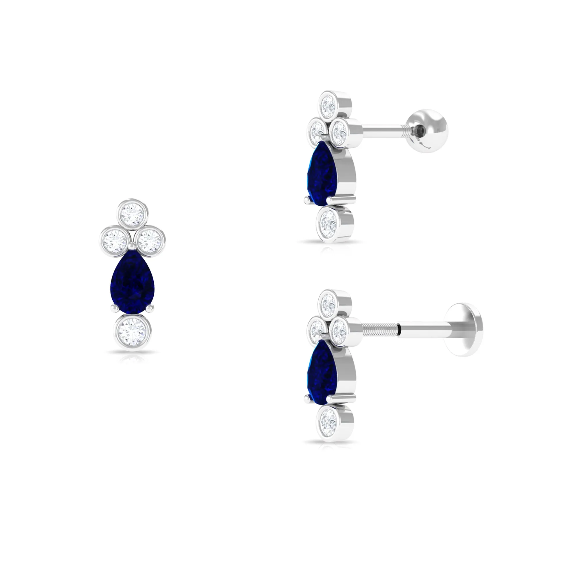 Pear Shape Blue Sapphire Helix Earring with Moissanite