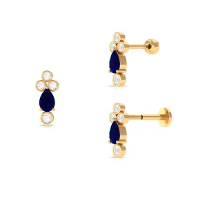 Pear Shape Blue Sapphire Helix Earring with Moissanite