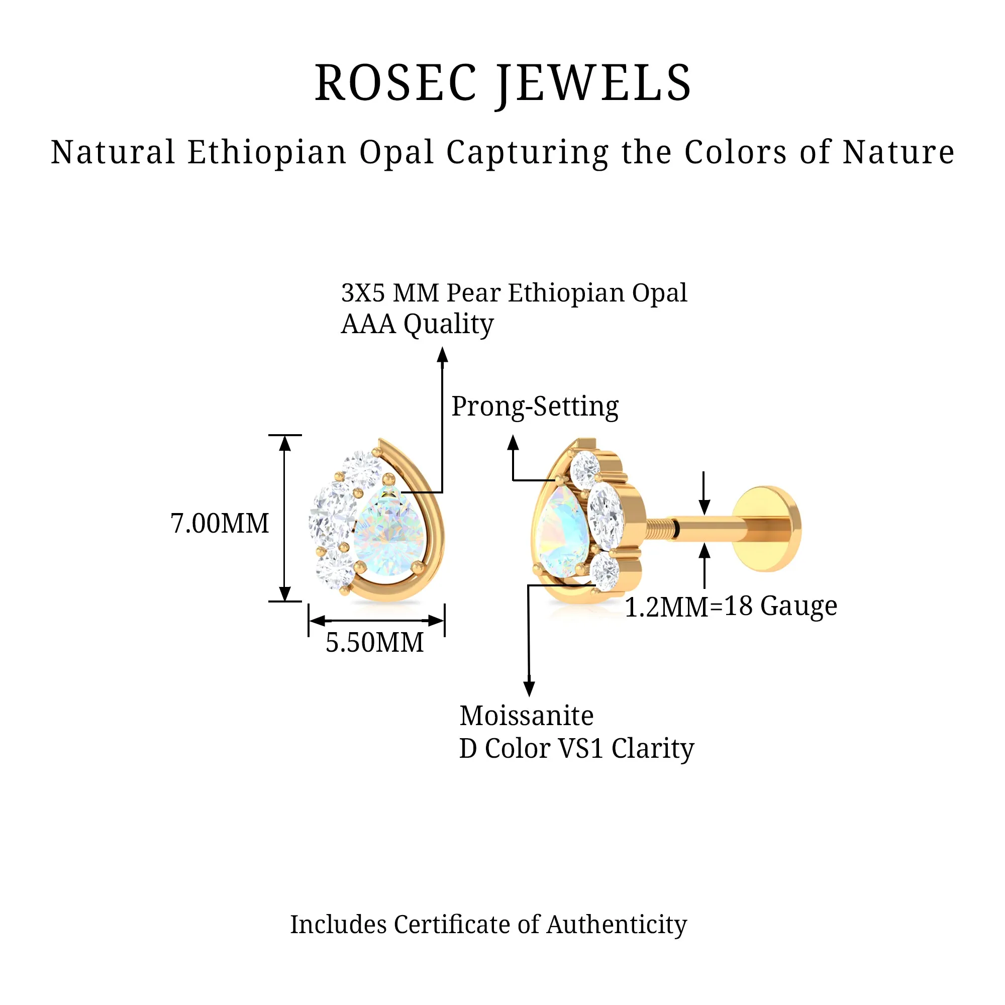 Pear Shape Ethiopian Opal and Moissanite Cartilage Earring
