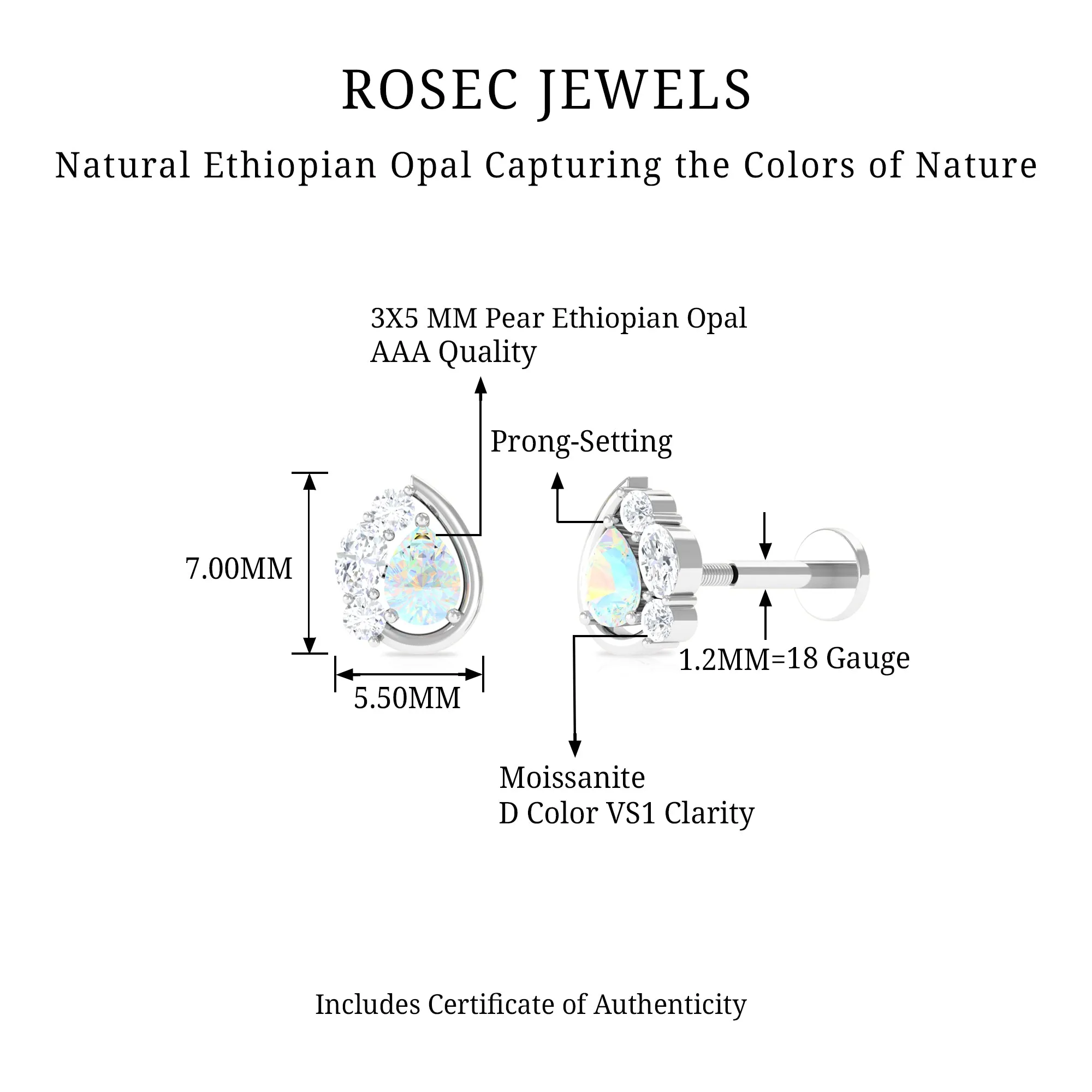 Pear Shape Ethiopian Opal and Moissanite Cartilage Earring