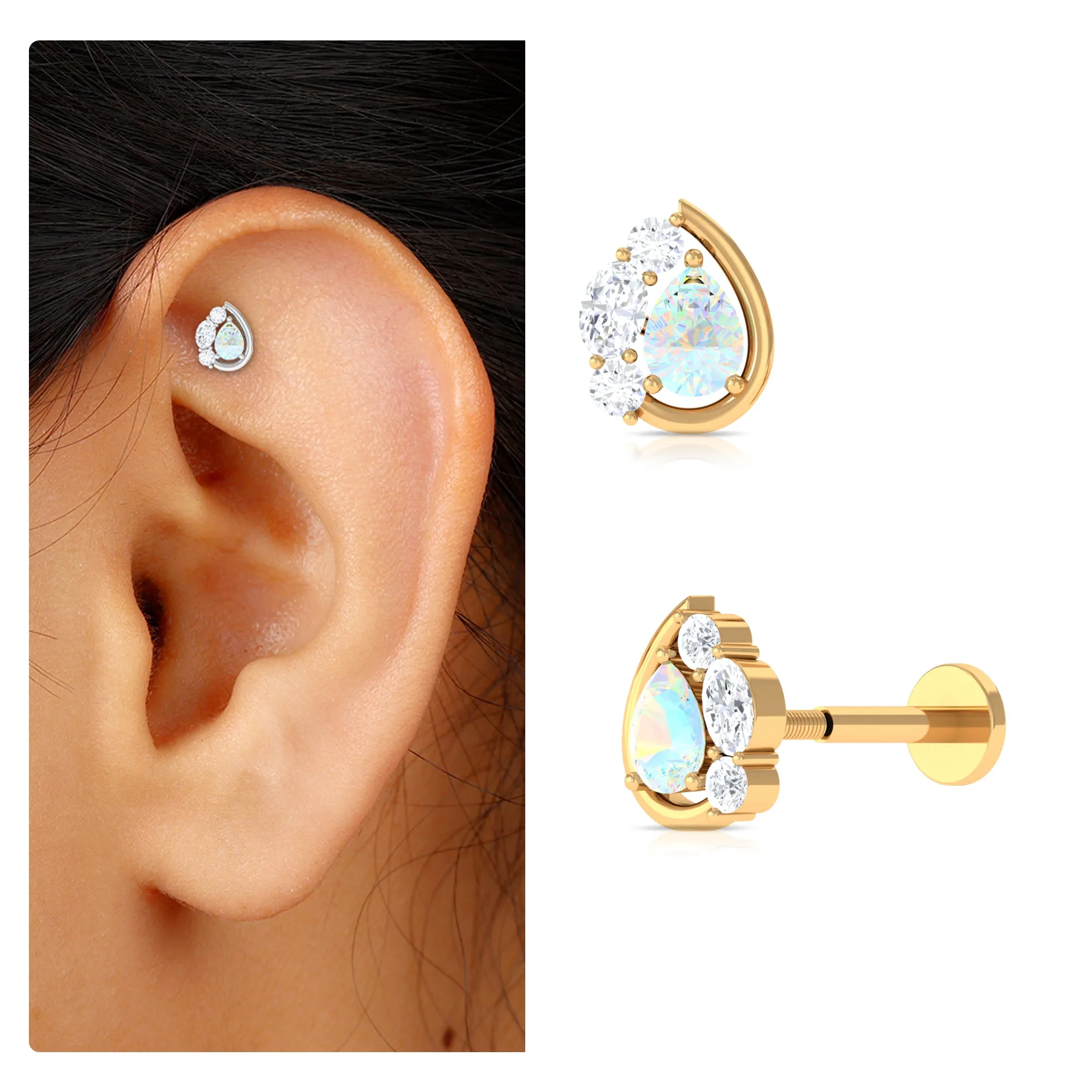 Pear Shape Ethiopian Opal and Moissanite Cartilage Earring