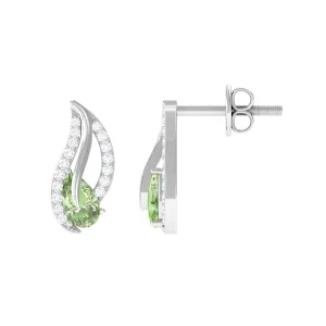 Pear Shape Green Sapphire and Diamond Leaf Stud Earrings