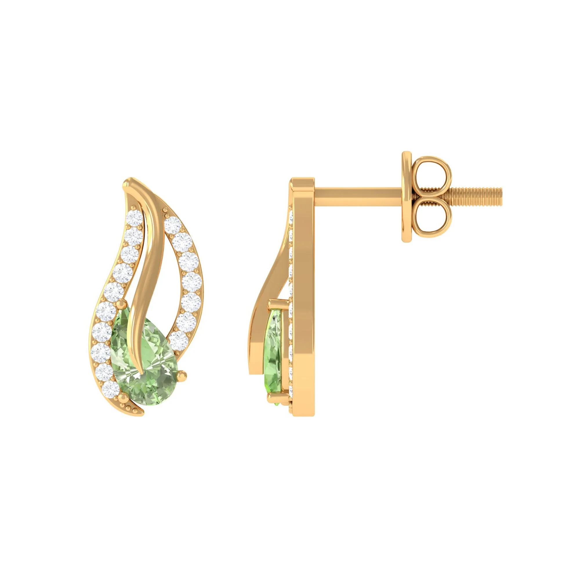 Pear Shape Green Sapphire and Diamond Leaf Stud Earrings