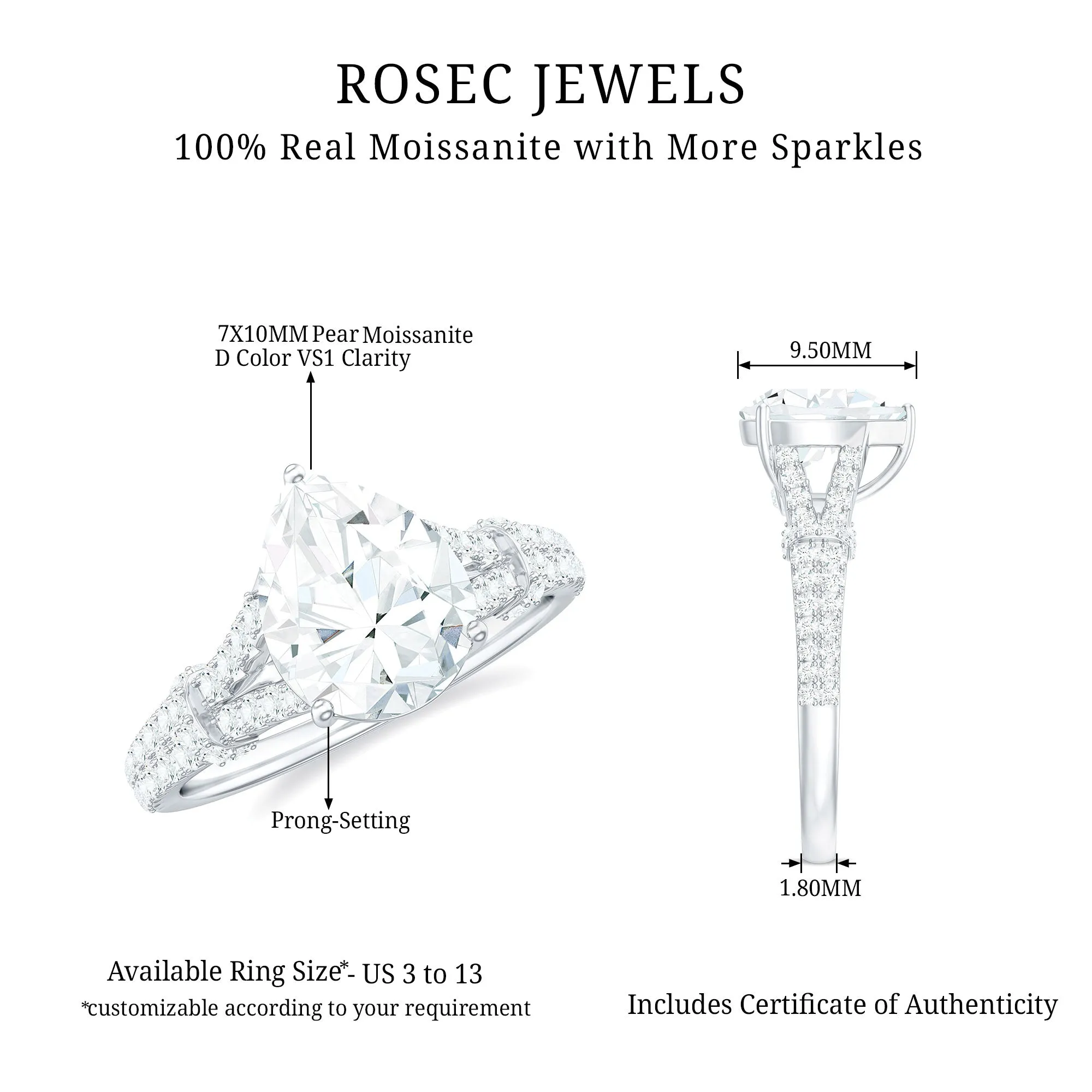 Pear Shaped Moissanite Solitaire Engagement Ring in Split Shank
