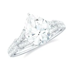 Pear Shaped Moissanite Solitaire Engagement Ring in Split Shank