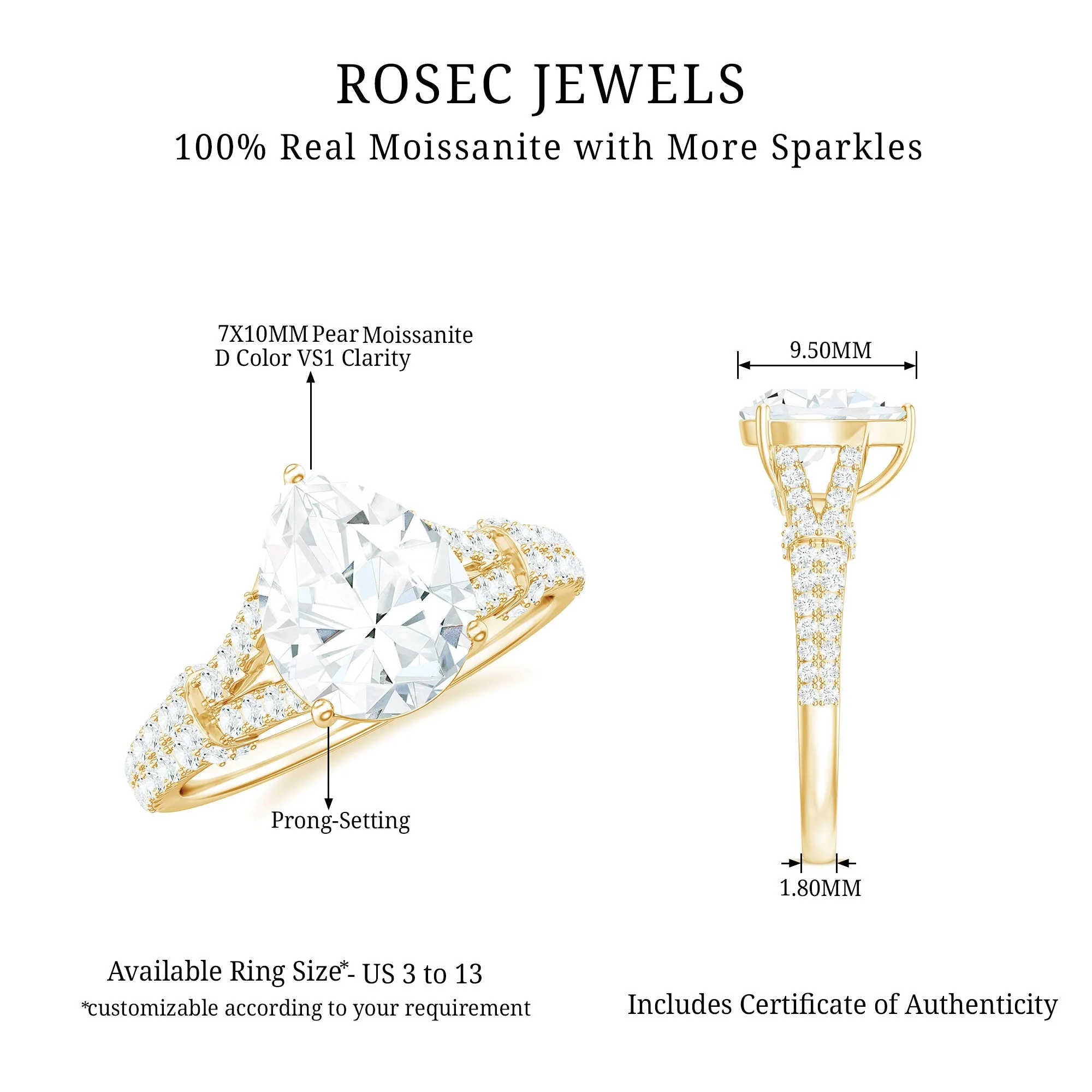 Pear Shaped Moissanite Solitaire Engagement Ring in Split Shank