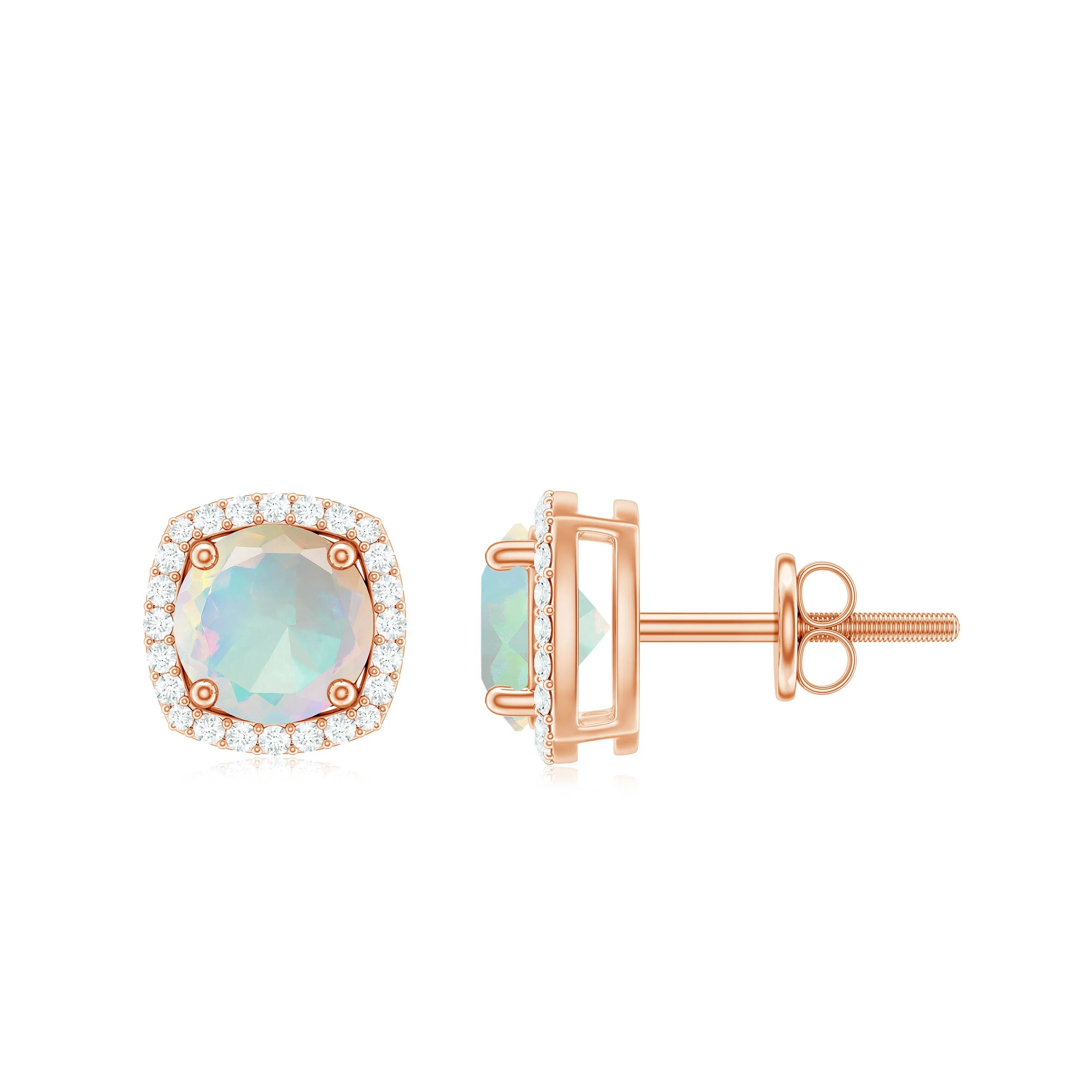 Real Ethiopian Opal and Diamond Halo Stud Earrings