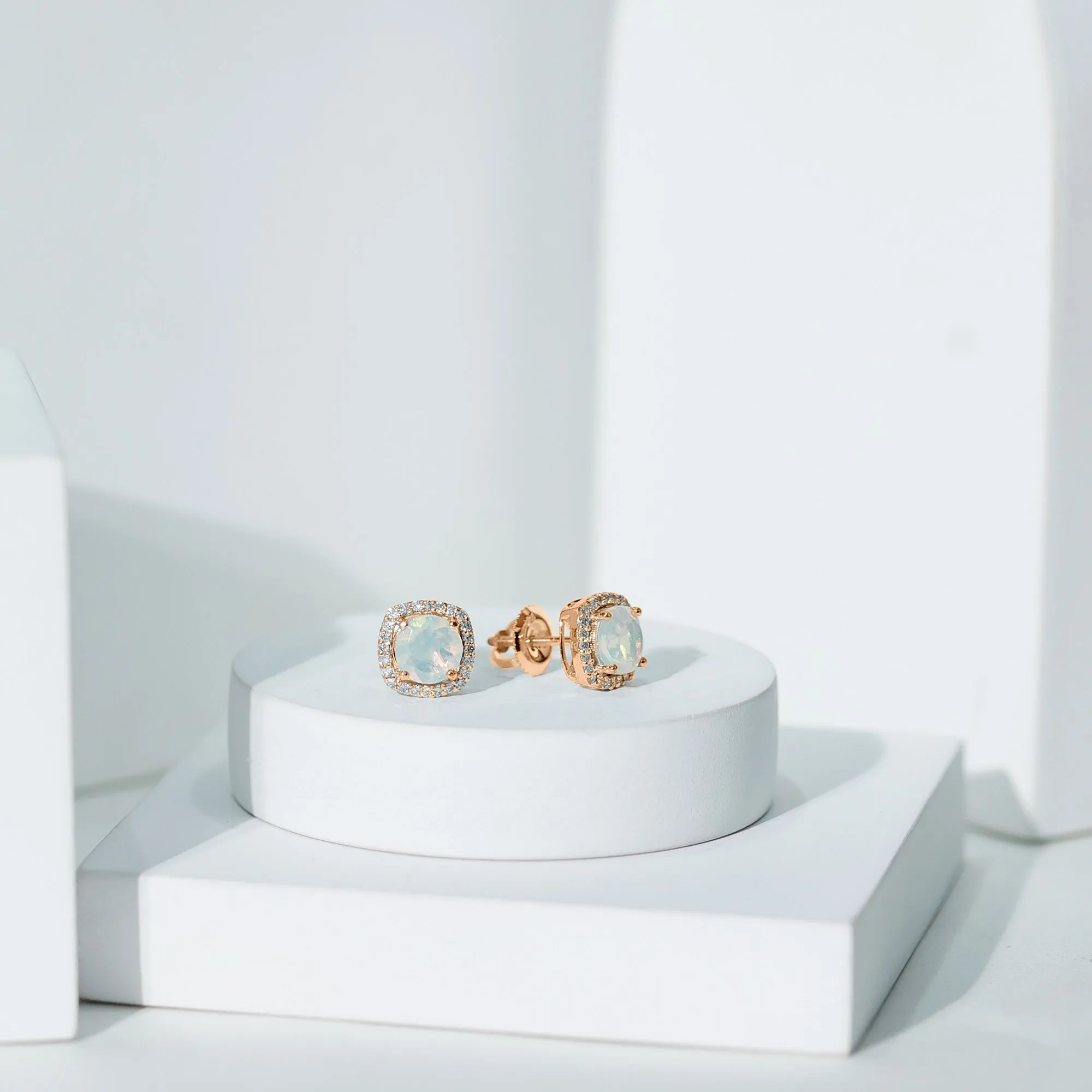 Real Ethiopian Opal and Diamond Halo Stud Earrings