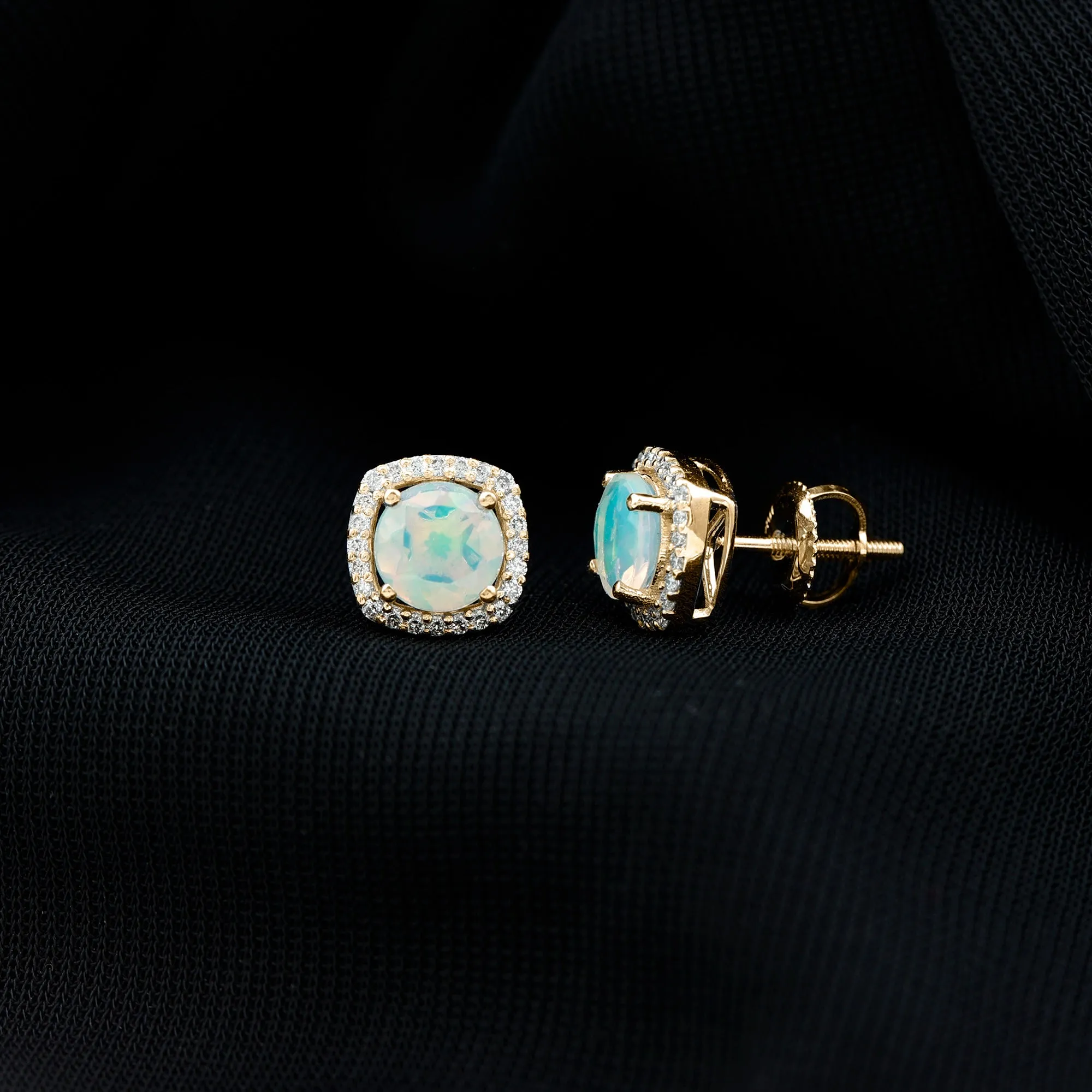 Real Ethiopian Opal and Diamond Halo Stud Earrings
