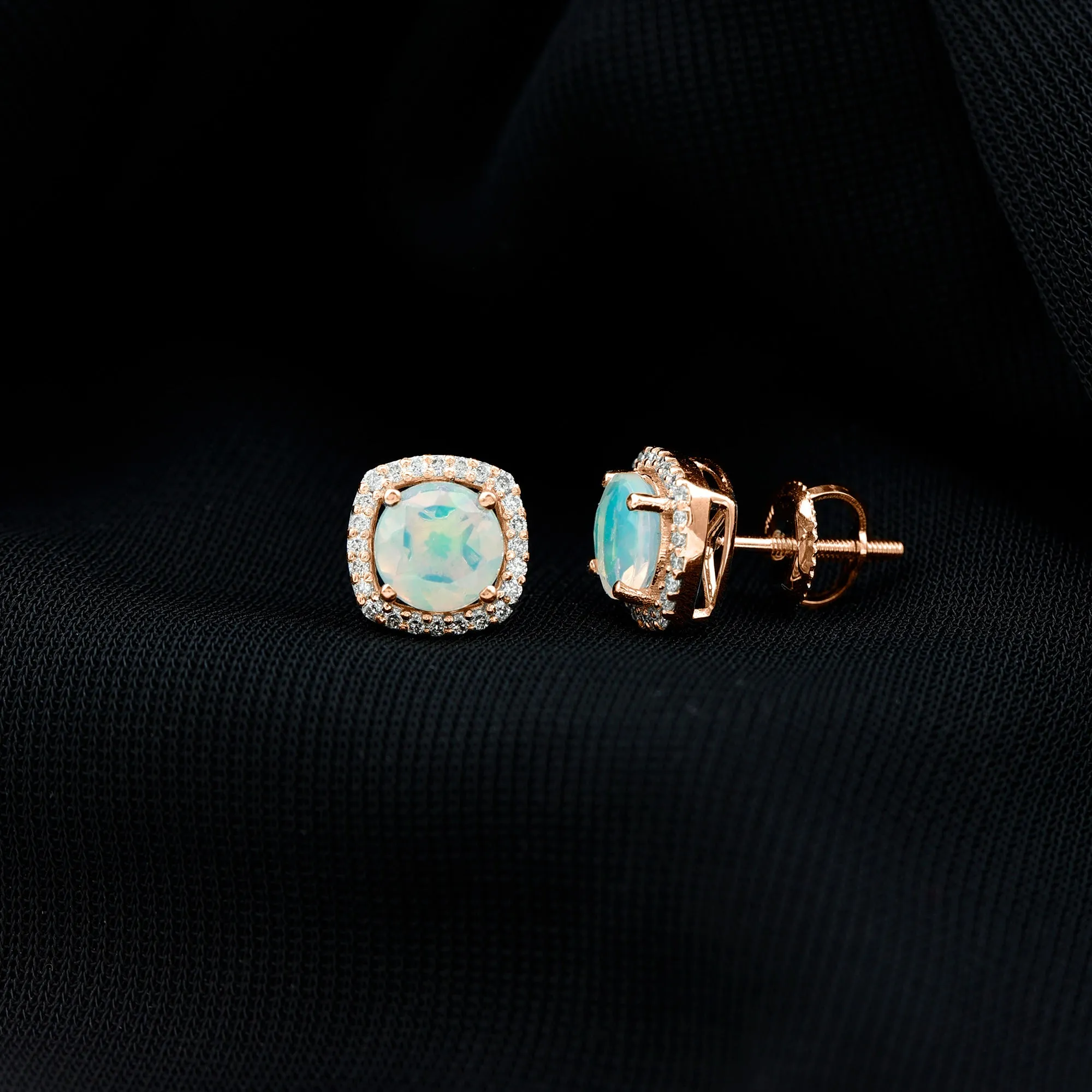 Real Ethiopian Opal and Diamond Halo Stud Earrings