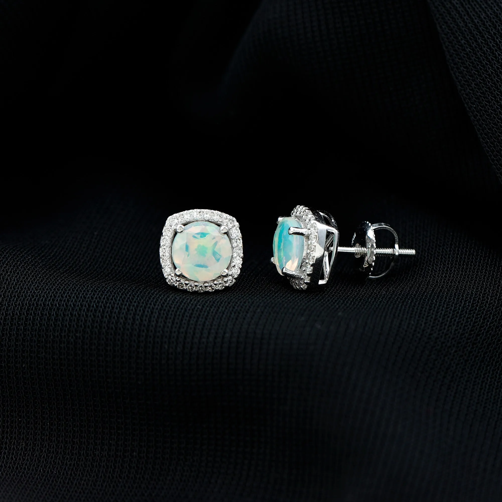 Real Ethiopian Opal and Diamond Halo Stud Earrings