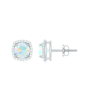 Real Ethiopian Opal and Diamond Halo Stud Earrings
