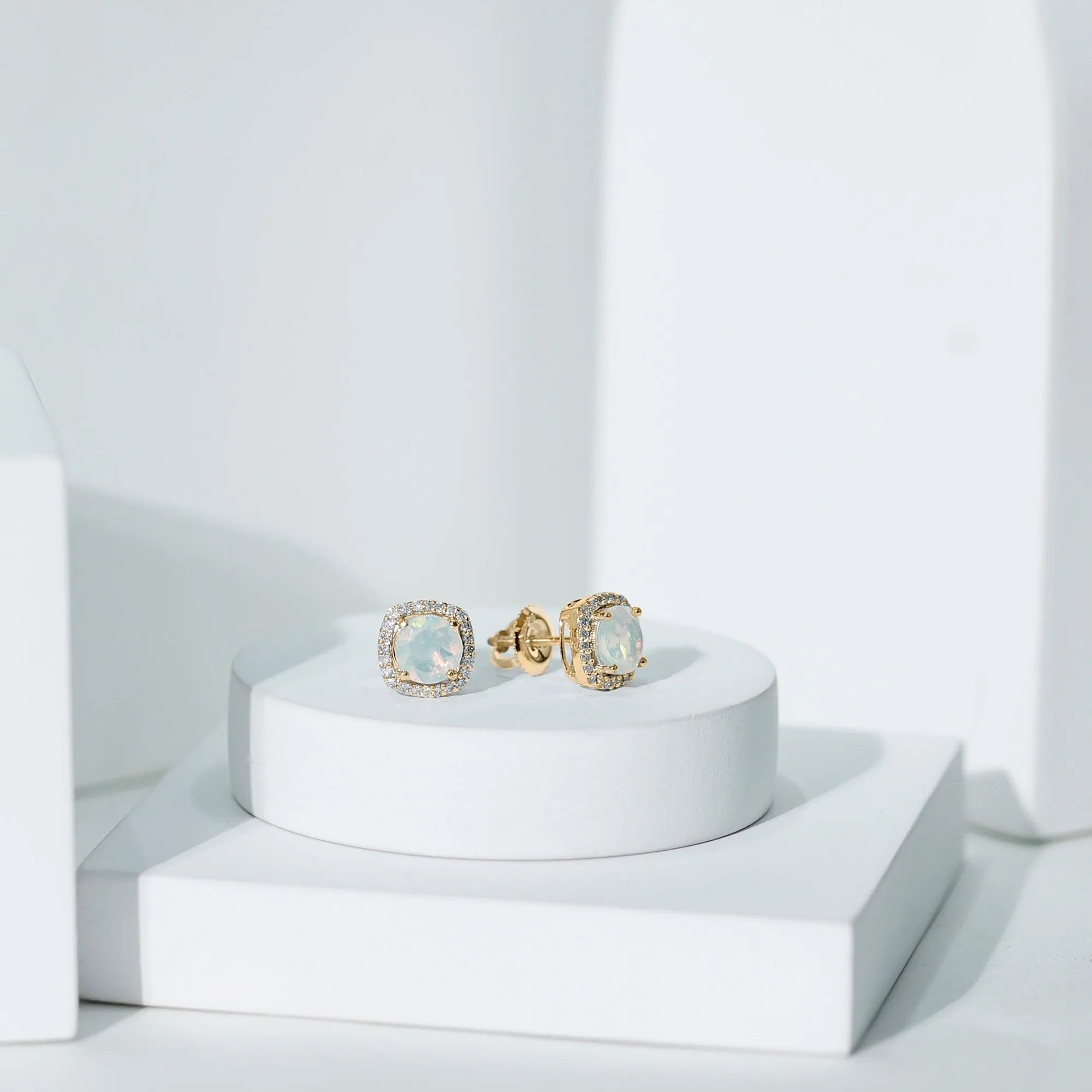 Real Ethiopian Opal and Diamond Halo Stud Earrings