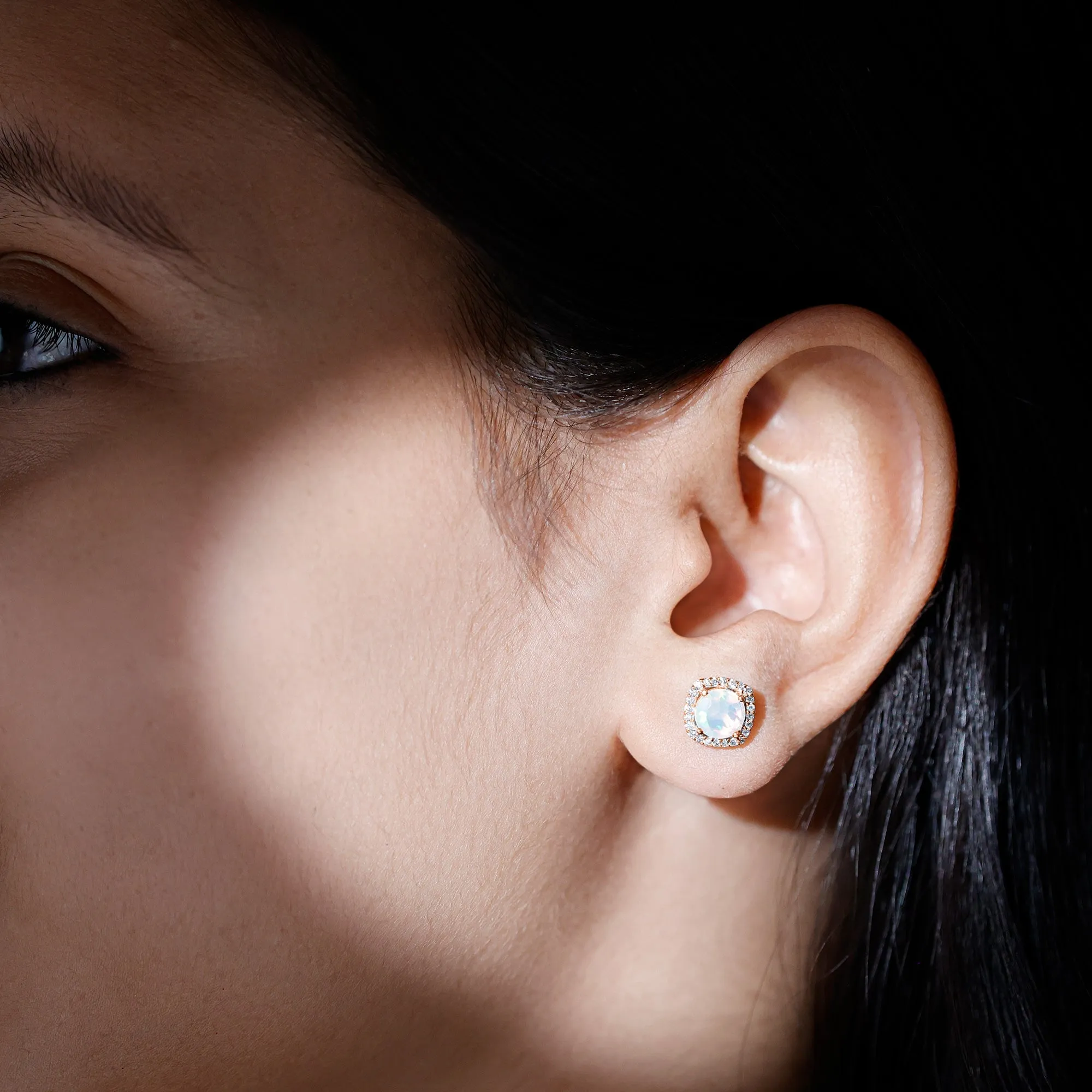 Real Ethiopian Opal and Diamond Halo Stud Earrings