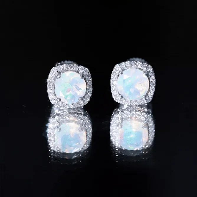 Real Ethiopian Opal and Diamond Halo Stud Earrings