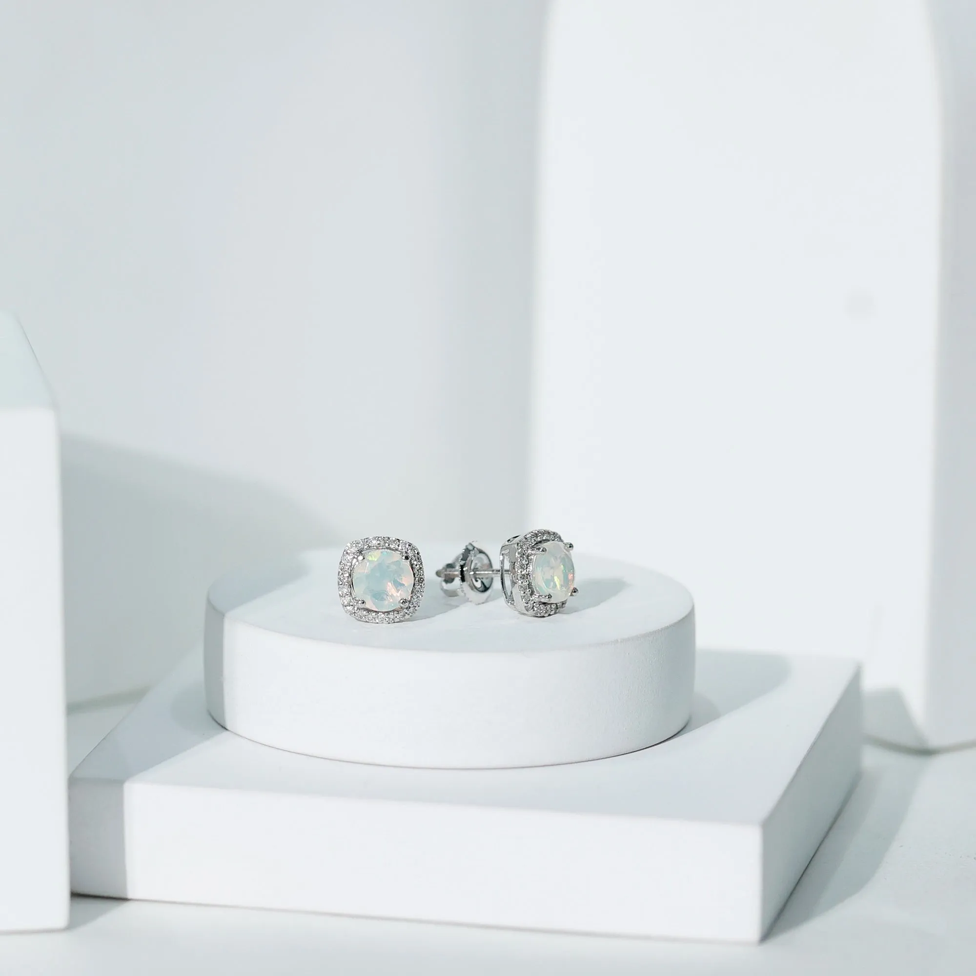 Real Ethiopian Opal and Diamond Halo Stud Earrings