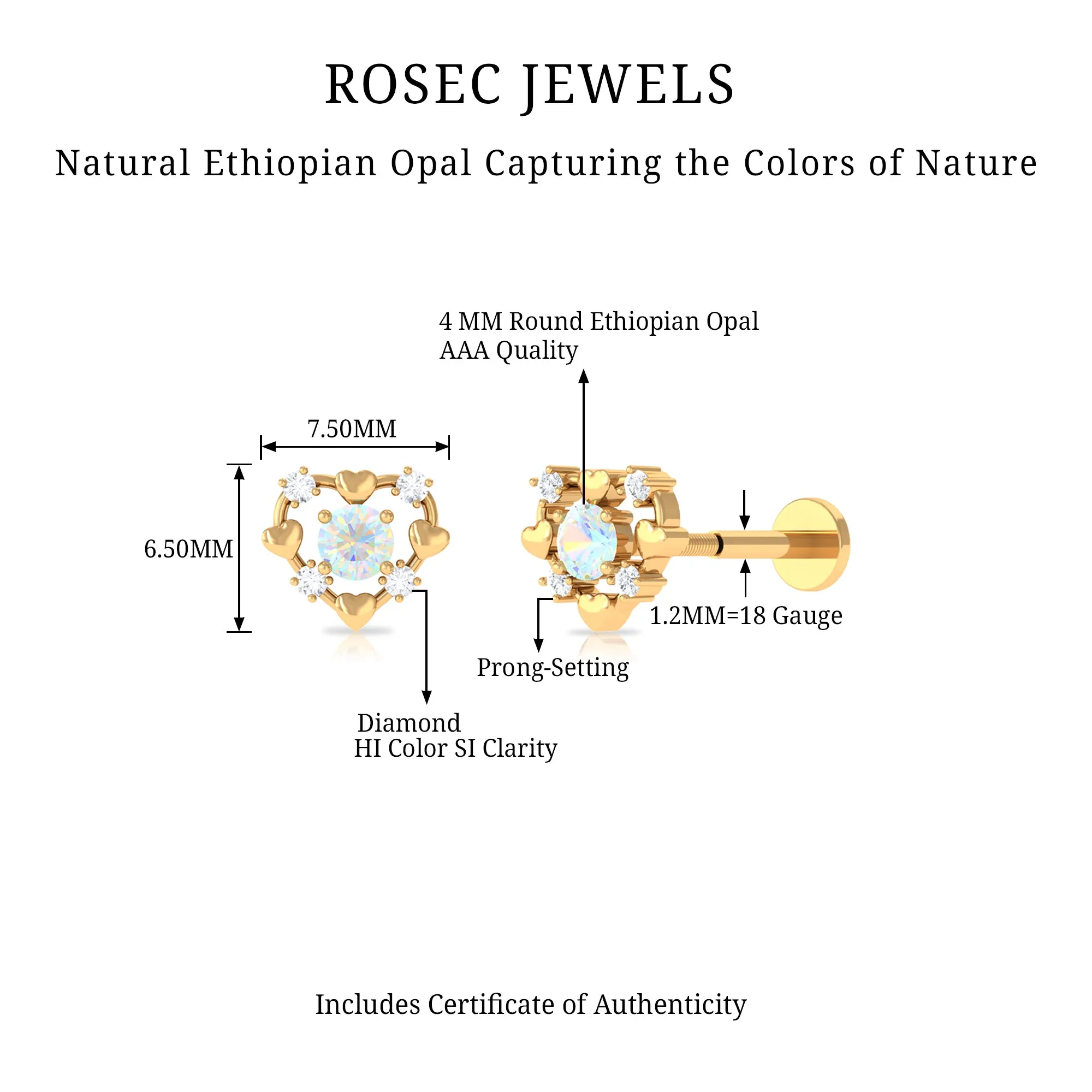Real Ethiopian Opal and Diamond Heart Cartilage Earring in Gold