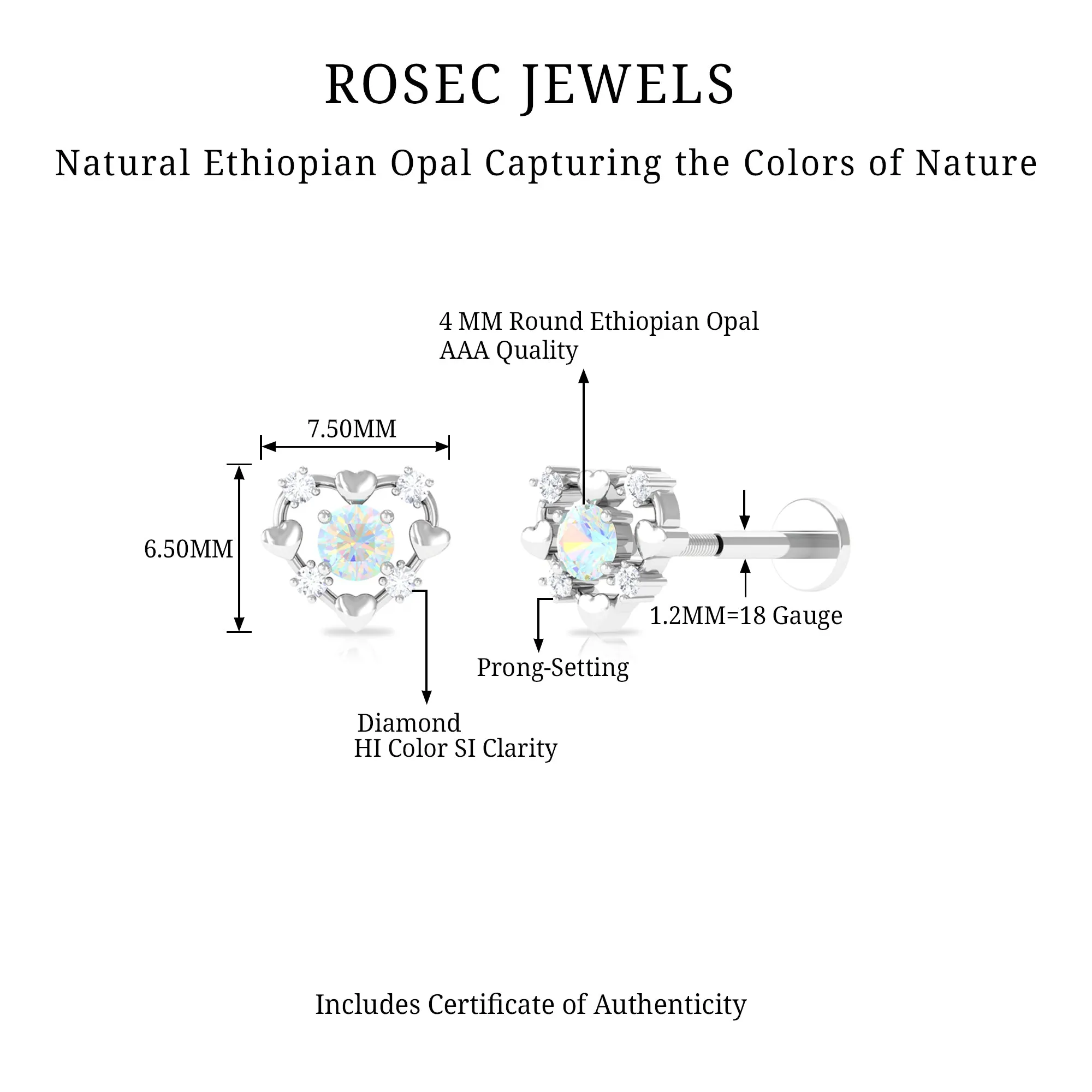 Real Ethiopian Opal and Diamond Heart Cartilage Earring in Gold