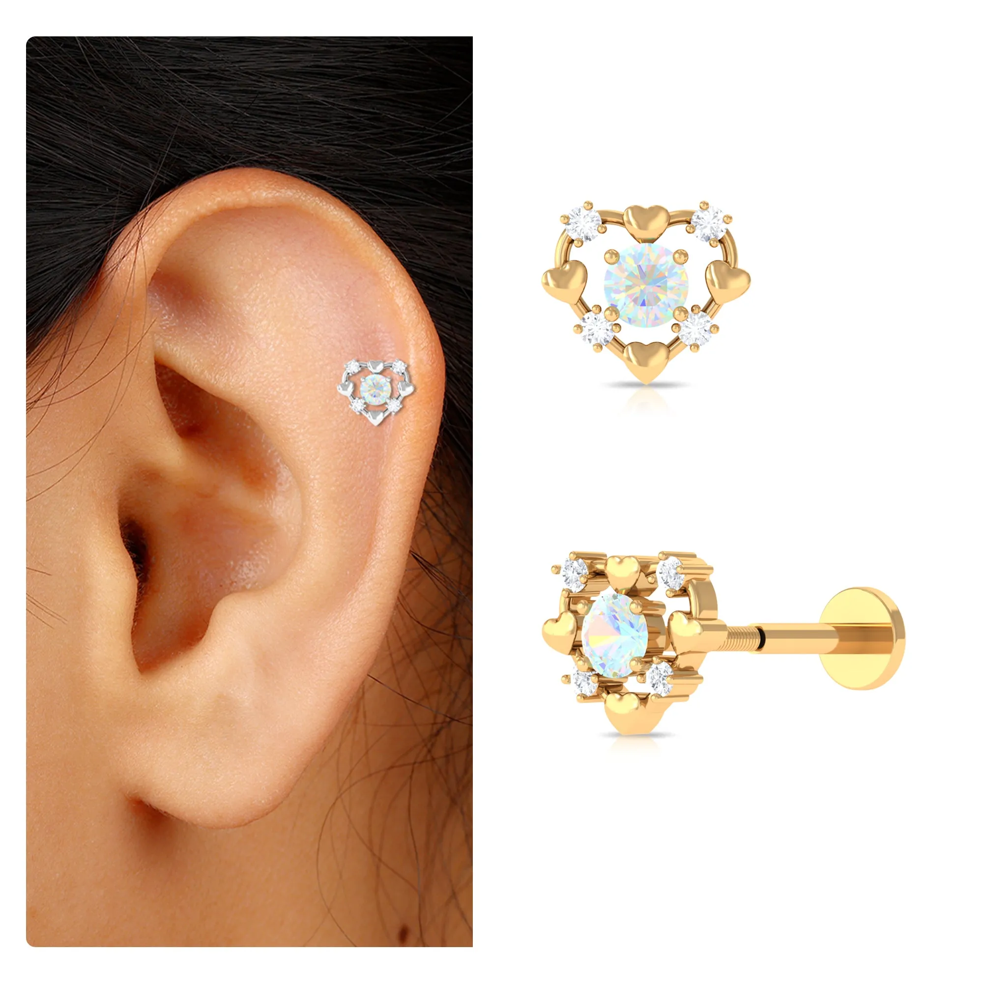 Real Ethiopian Opal and Diamond Heart Cartilage Earring in Gold