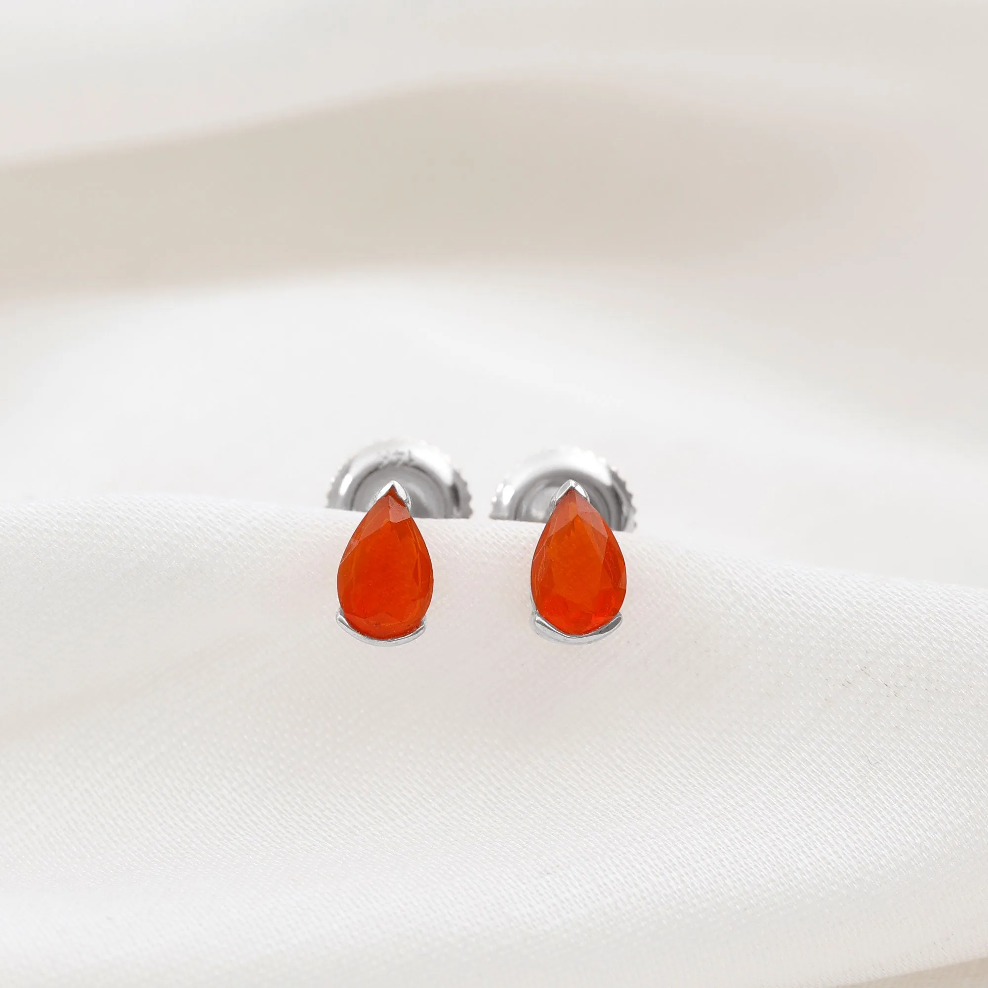 Real Fire Opal Solitaire Teardrop Stud Earrings